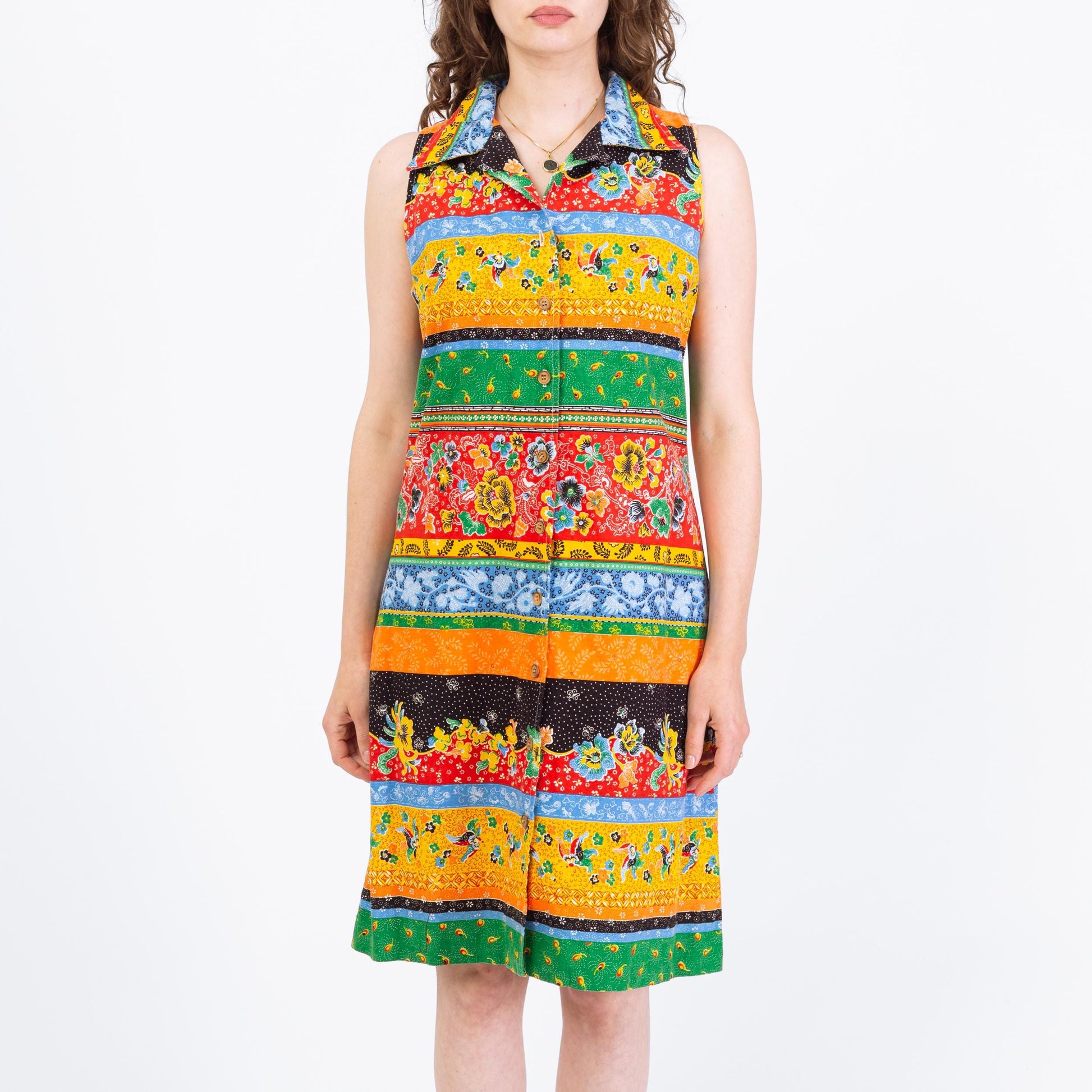Vintage 70s Boho Striped Floral Sleeveless Shirtdress - Large | Collared Button Up Hippie Sundress