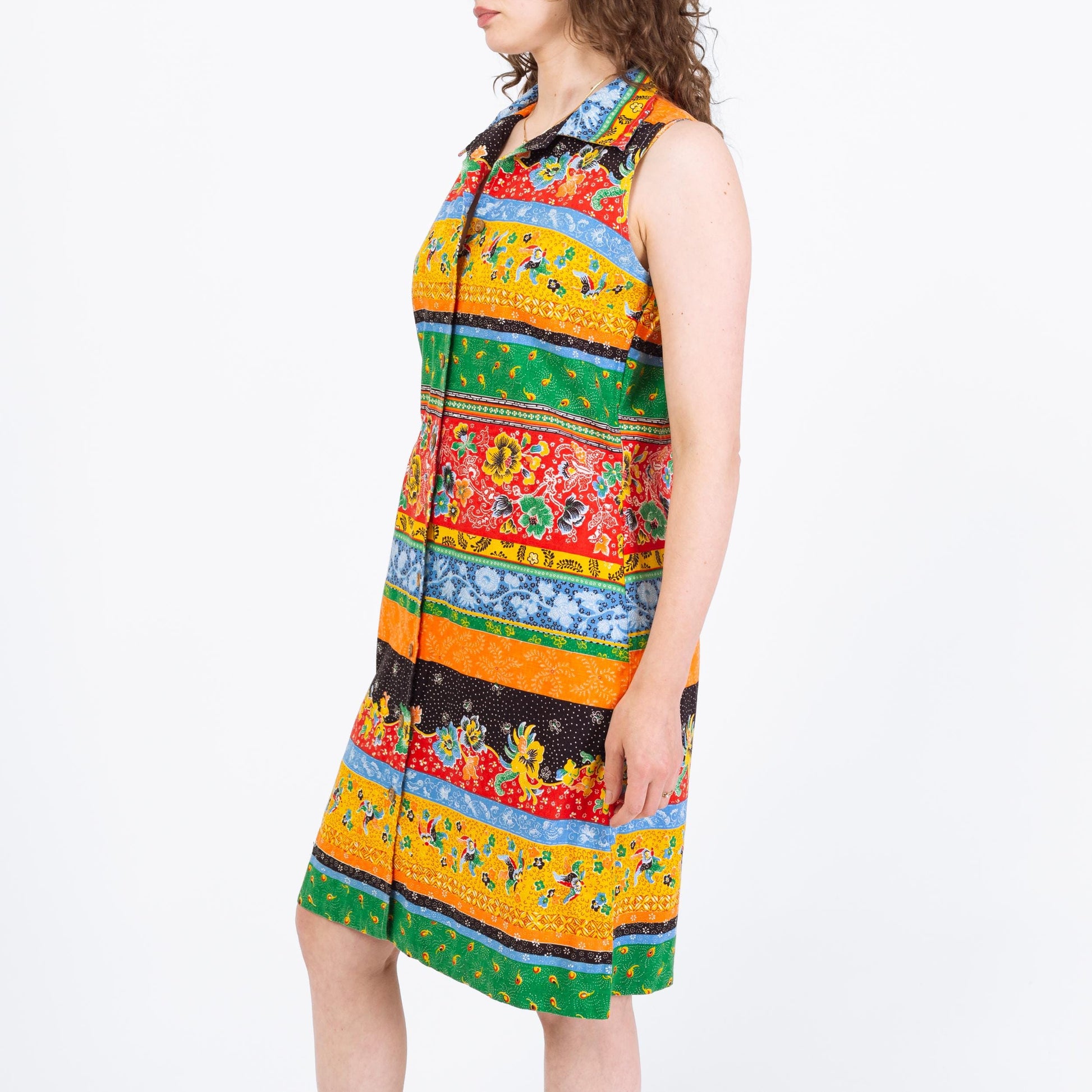 Vintage 70s Boho Striped Floral Sleeveless Shirtdress - Large | Collared Button Up Hippie Sundress