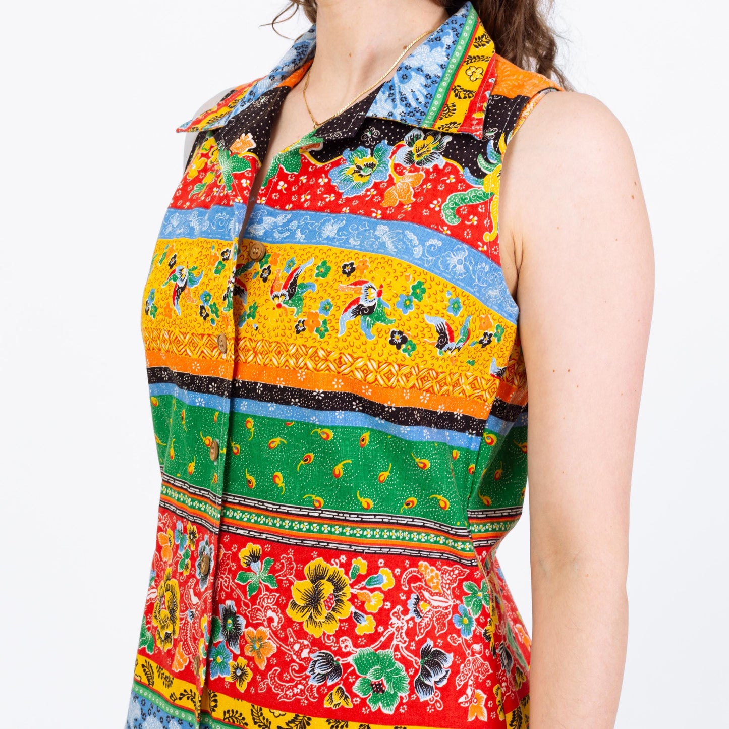 Vintage 70s Boho Striped Floral Sleeveless Shirtdress - Large | Collared Button Up Hippie Sundress