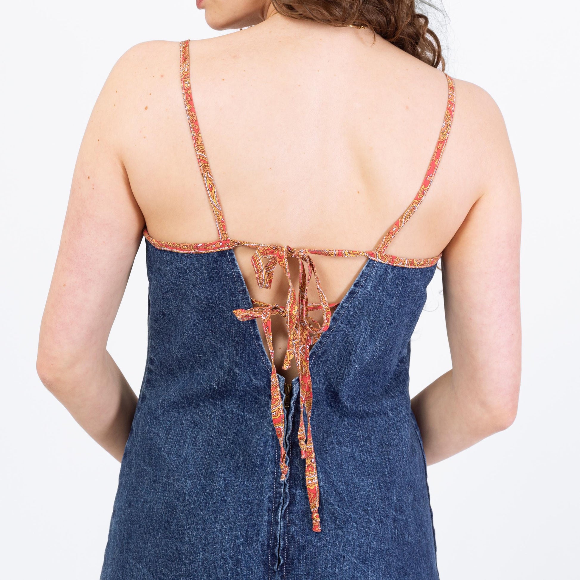 Vintage 90s Denim Low Tie Back Boho Mini Dress - Medium | Sleeveless Floral Trim Sundress
