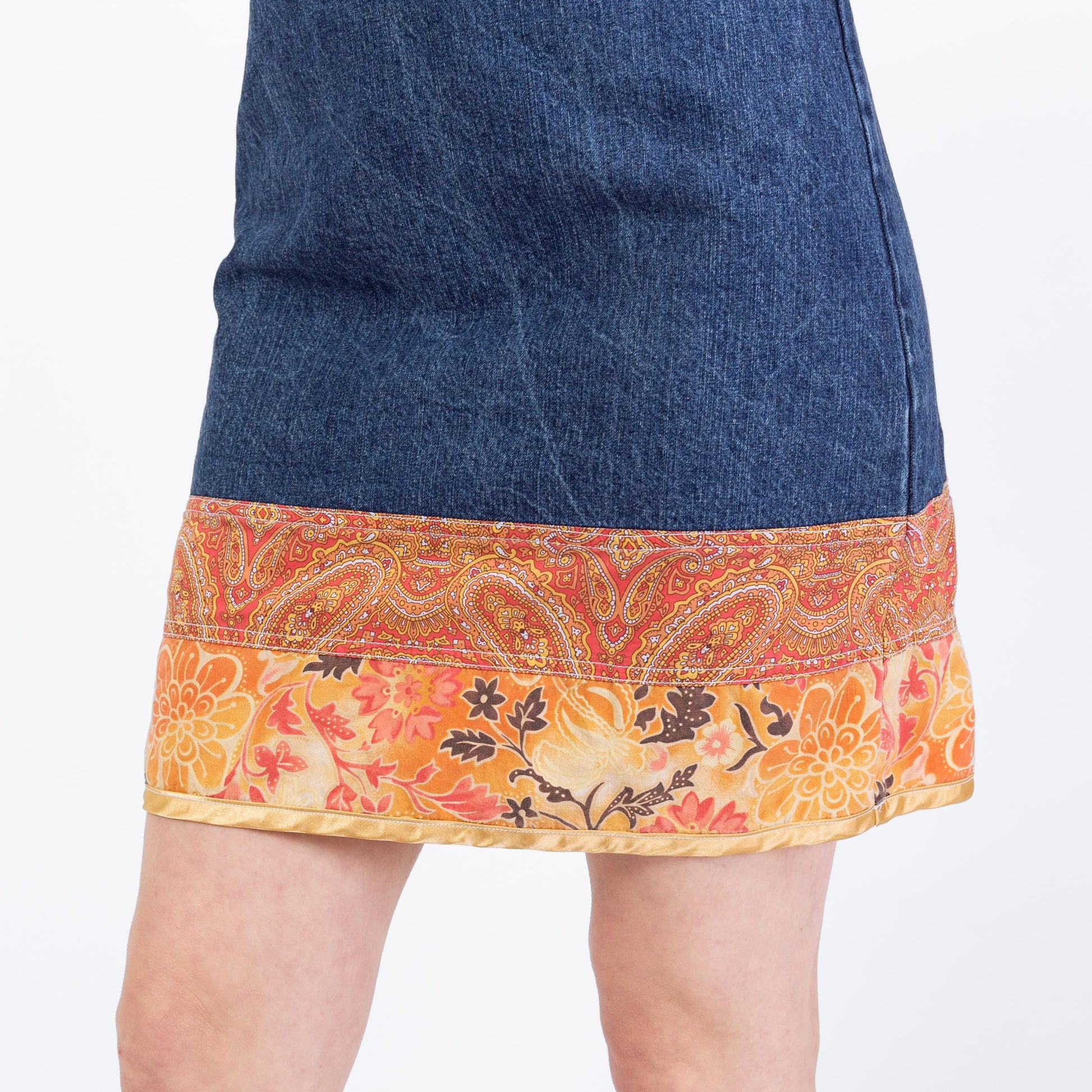 Vintage 90s Denim Low Tie Back Boho Mini Dress - Medium | Sleeveless Floral Trim Sundress
