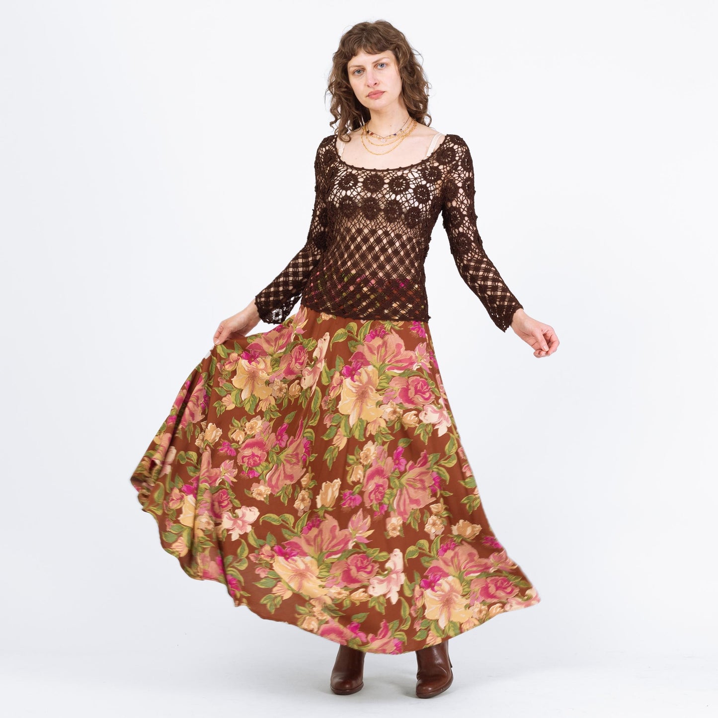 Vintage 90s Boho Brown Floral Maxi Skirt - Medium to Large, 30" Waist | High Waisted Hippie Skirt