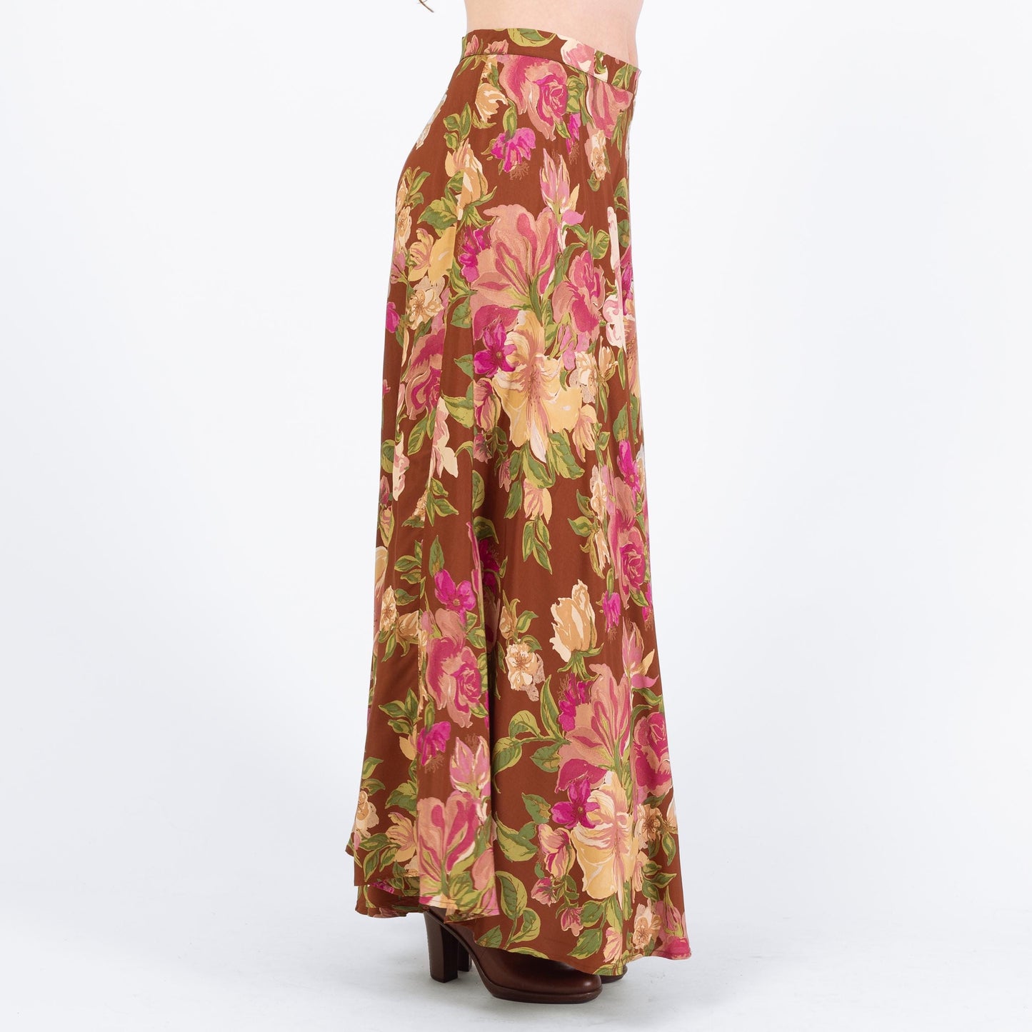 Vintage 90s Boho Brown Floral Maxi Skirt - Medium to Large, 30" Waist | High Waisted Hippie Skirt