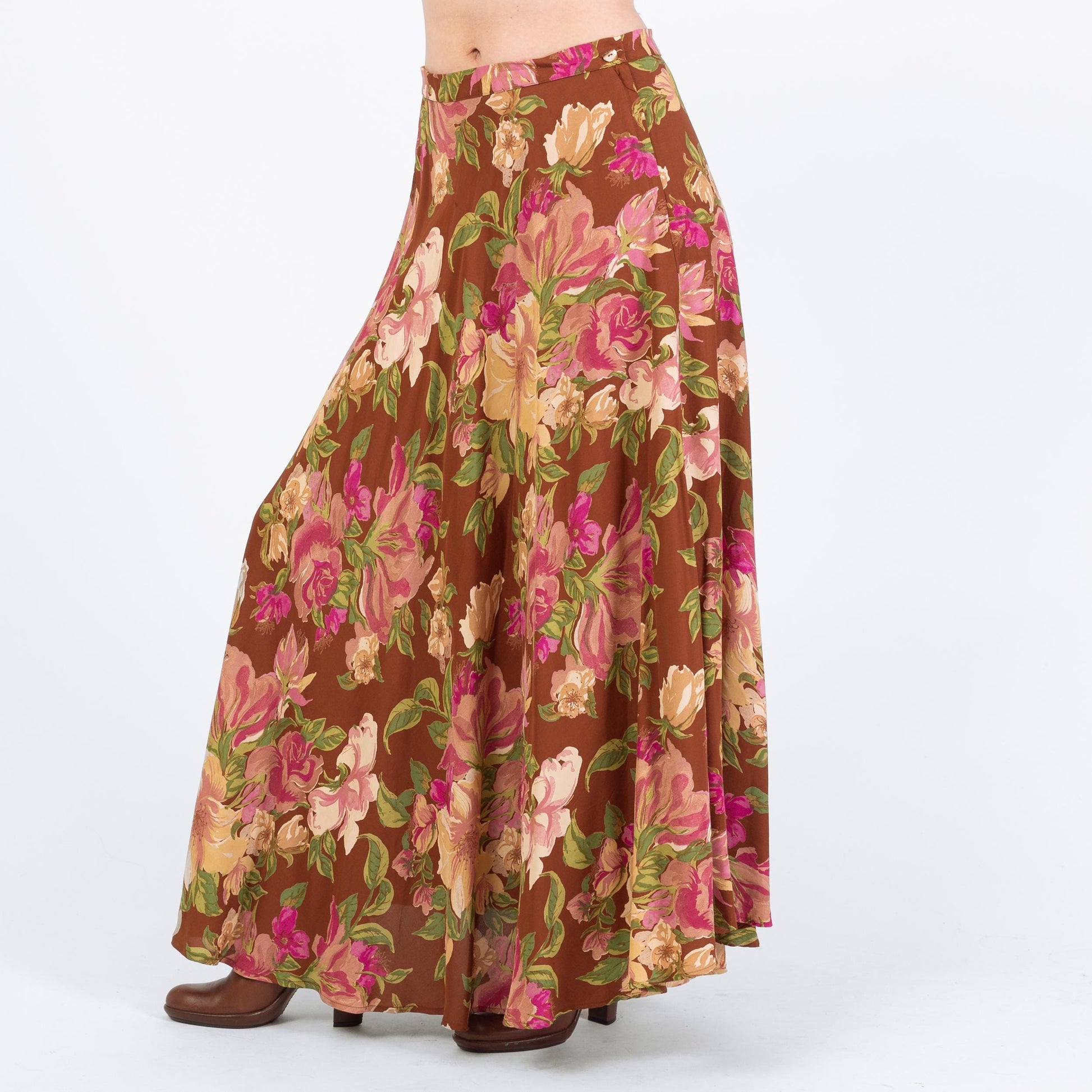 Vintage 90s Boho Brown Floral Maxi Skirt - Medium to Large, 30" Waist | High Waisted Hippie Skirt