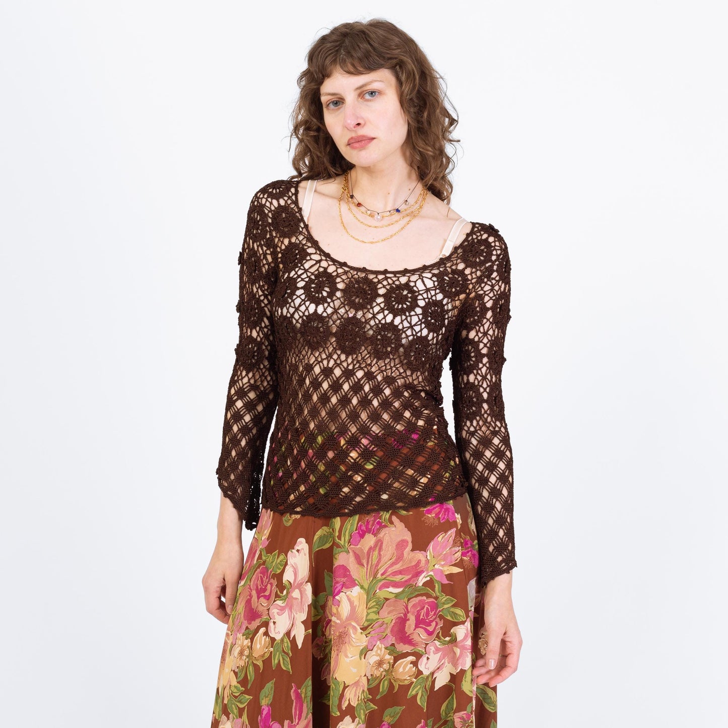 Vintage Y2K Brown Crochet Hippie Top - Small | Boho Spider Web Knit Sheer Angel Sleeve Blouse