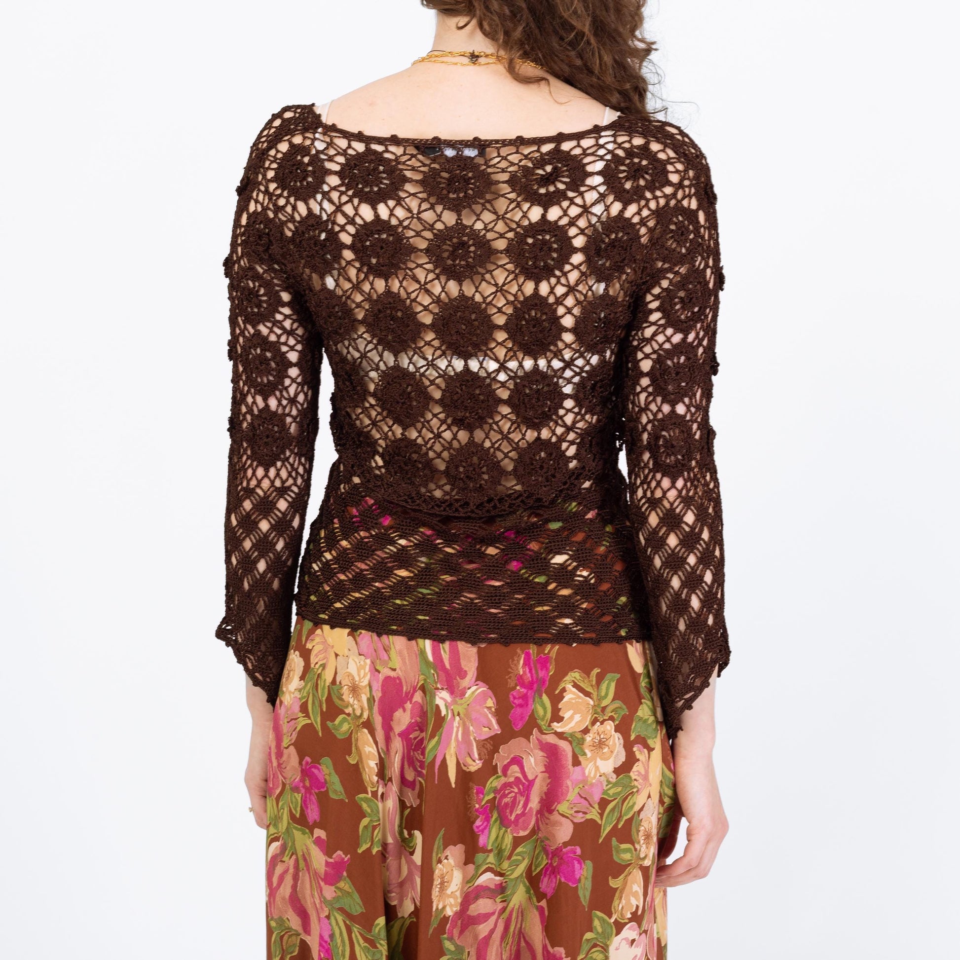 Vintage Y2K Brown Crochet Hippie Top - Small | Boho Spider Web Knit Sheer Angel Sleeve Blouse