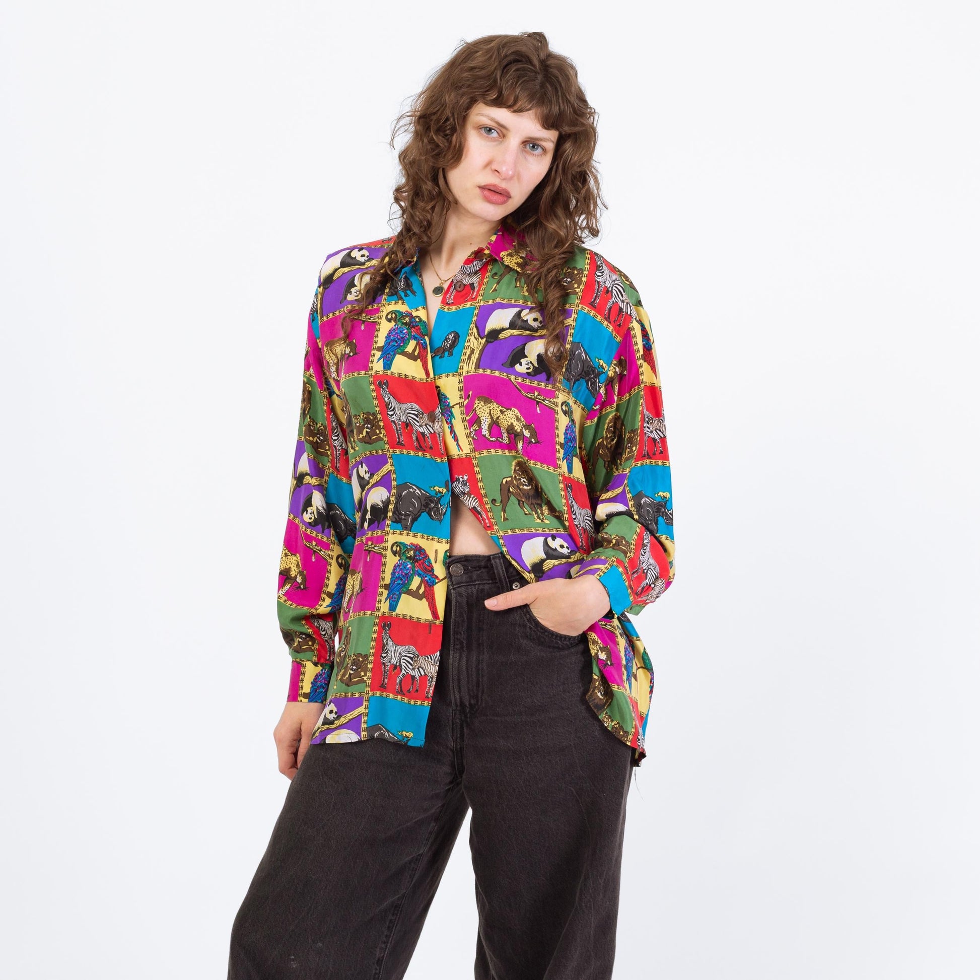 Vintage 90s Rainbow Silk African Animal Print Blouse - Large | Long Sleeve Collared Button Up Top