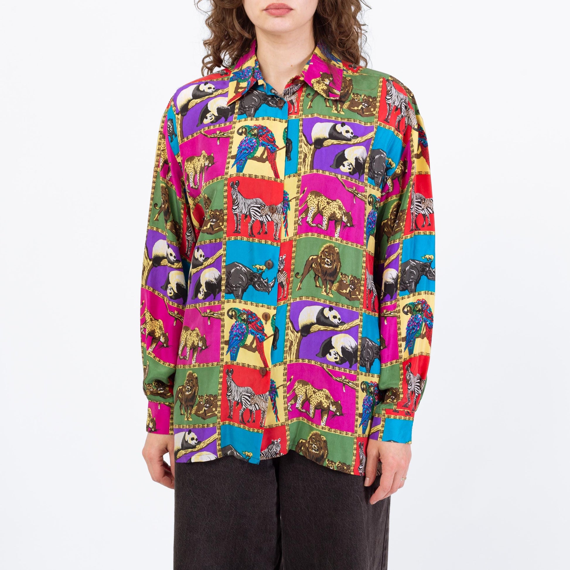 Vintage 90s Rainbow Silk African Animal Print Blouse - Large | Long Sleeve Collared Button Up Top