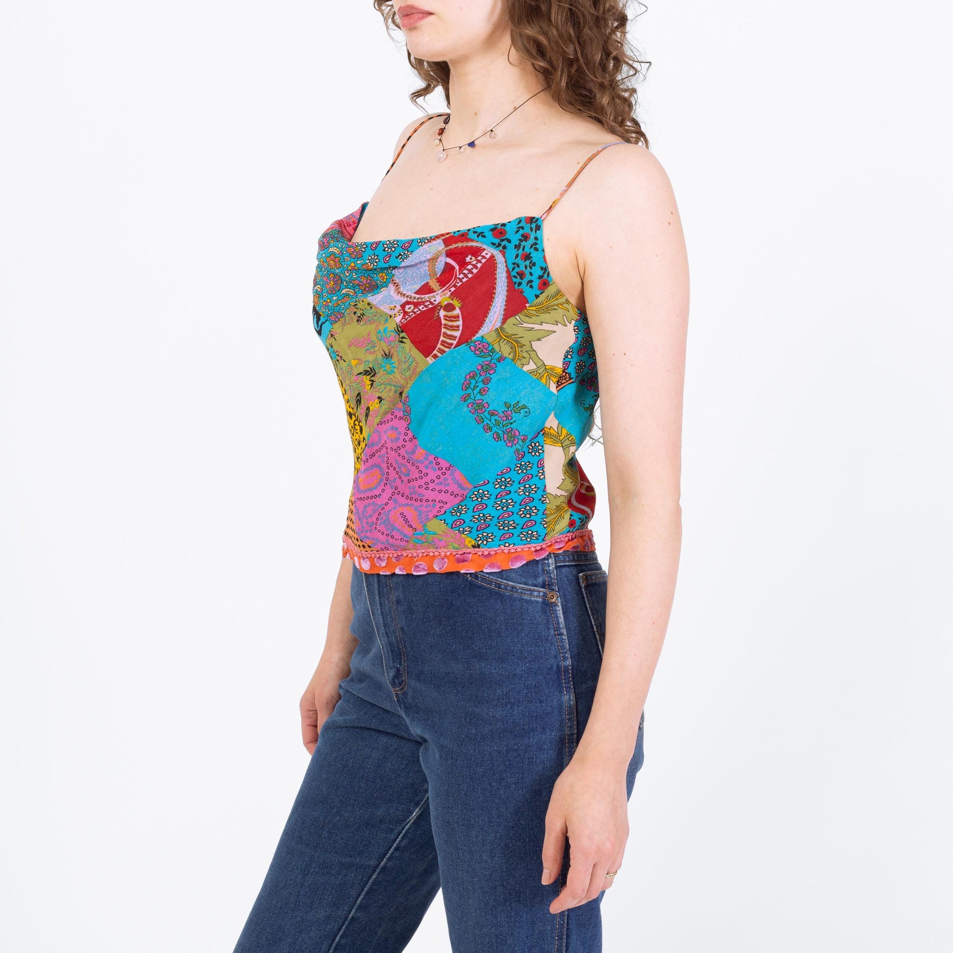 Vintage 90s Rainbow Patchwork Cowl Neck Top - Small | Draped Sleeveless Boho Blouse, 2000s Going Out Cami Top
