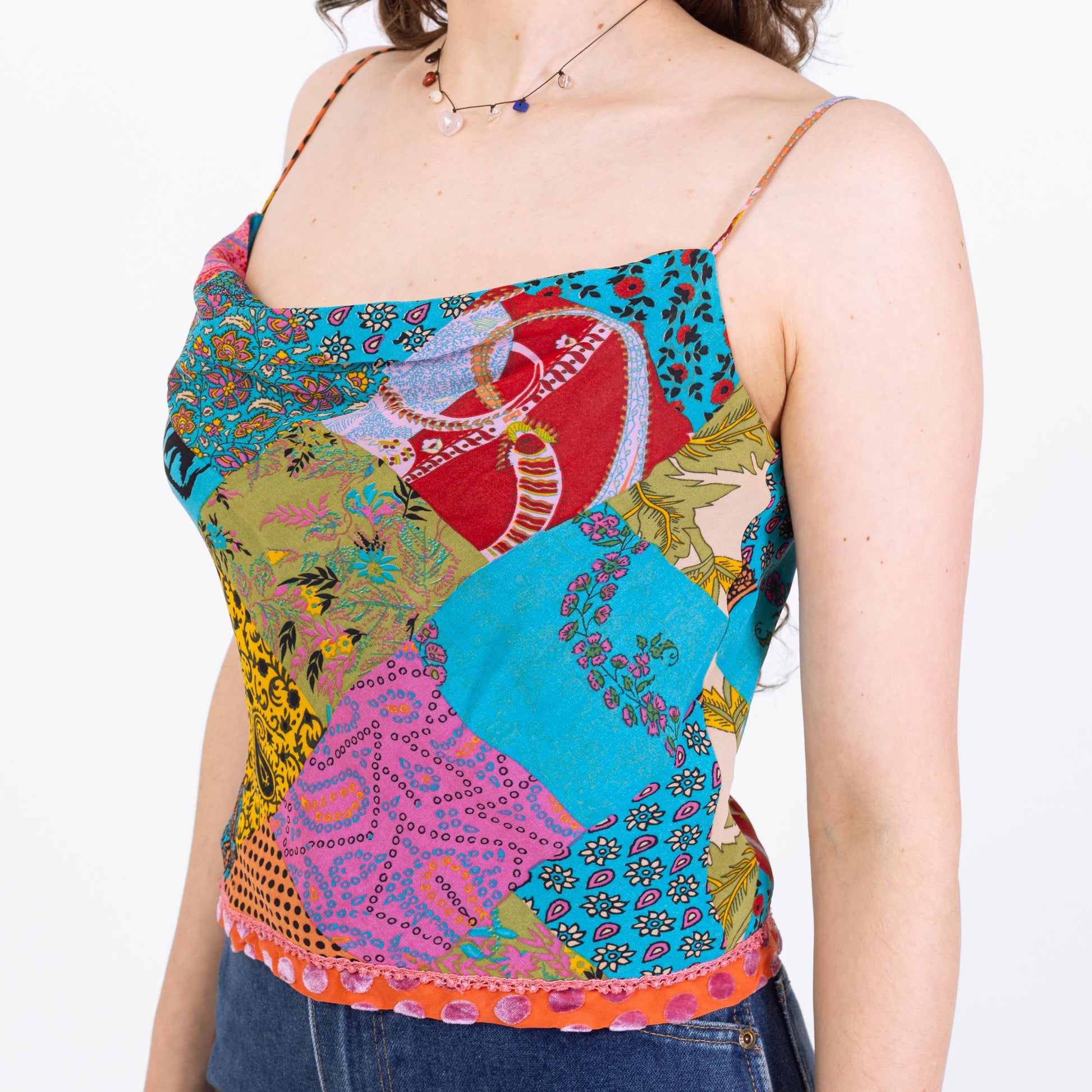 Vintage 90s Rainbow Patchwork Cowl Neck Top - Small | Draped Sleeveless Boho Blouse, 2000s Going Out Cami Top