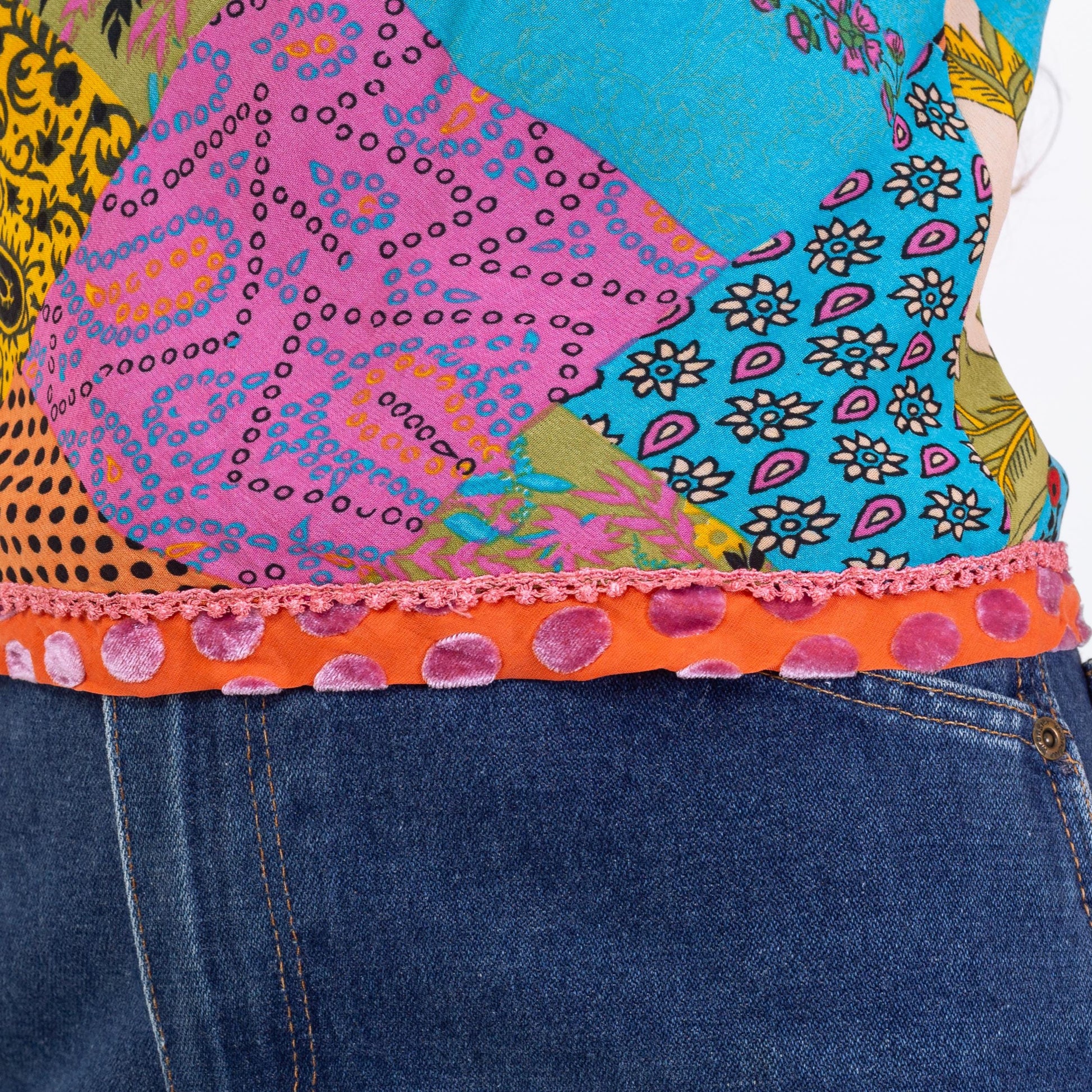 Vintage 90s Rainbow Patchwork Cowl Neck Top - Small | Draped Sleeveless Boho Blouse, 2000s Going Out Cami Top