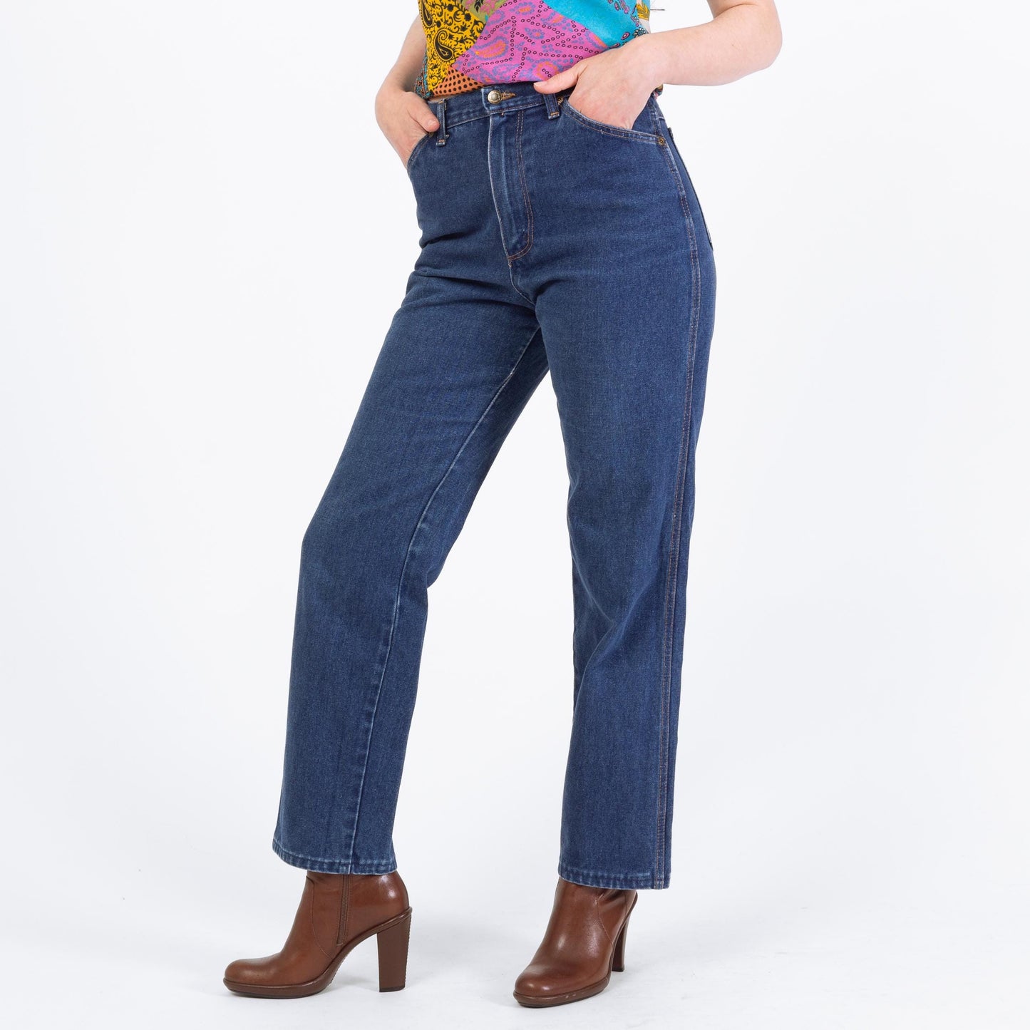 Vintage 70s 80s Wrangler Dark Wash Straight Leg Jeans - Small, 26" Waist | Denim High Waisted Mom Jeans