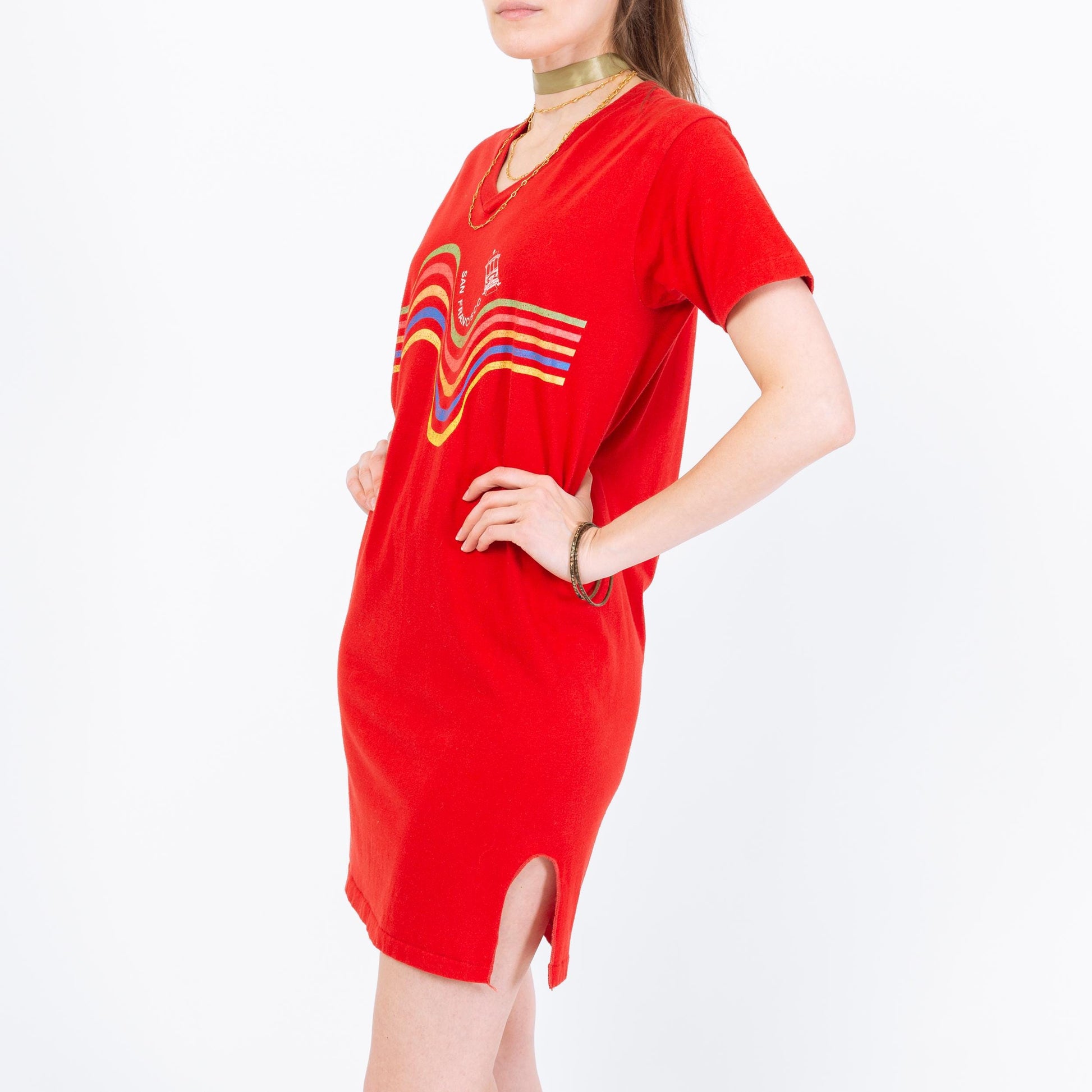 Vintage 70s San Francisco Rainbow Striped Sleep Shirt - Small to Medium | Red Novelty Graphic Mini Dress