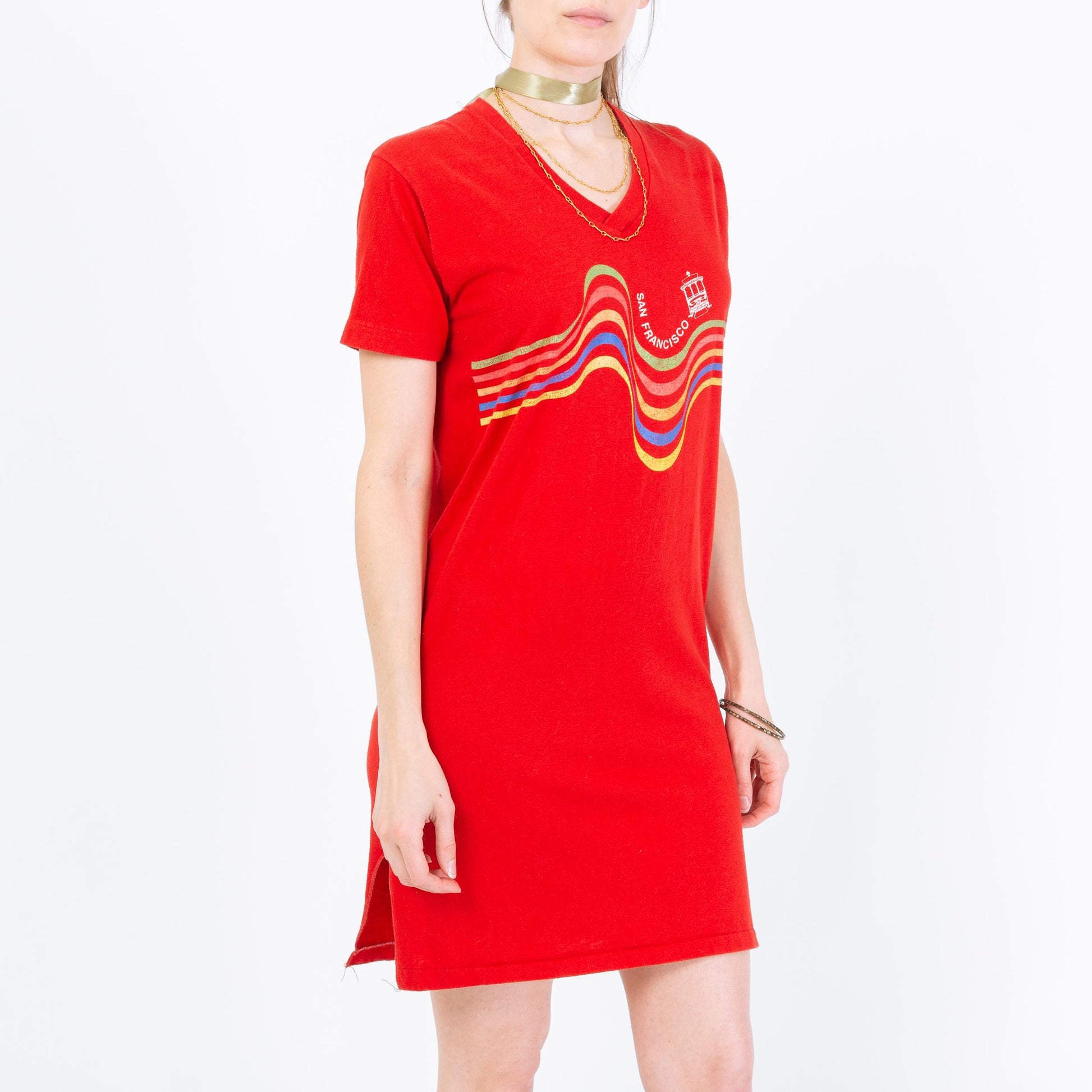 Vintage 70s San Francisco Rainbow Striped Sleep Shirt - Small to Medium | Red Novelty Graphic Mini Dress