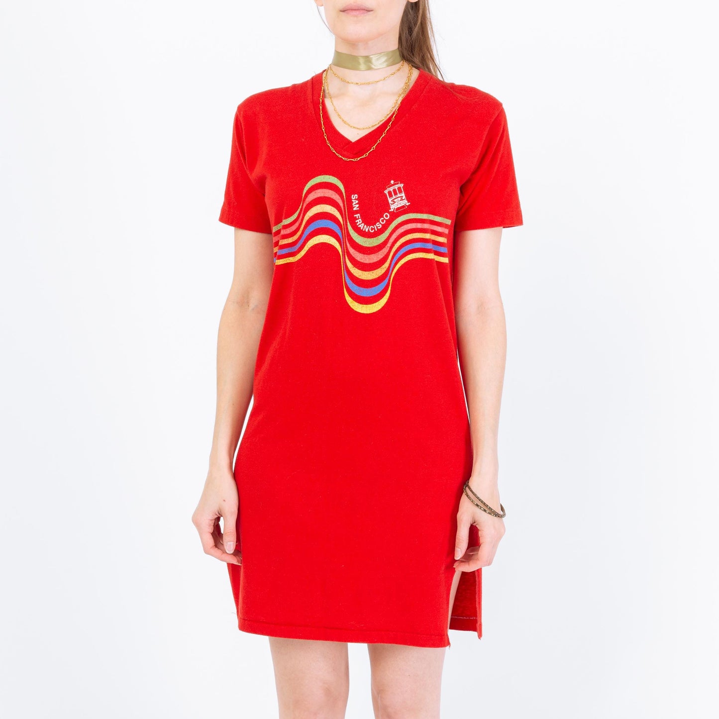 Vintage 70s San Francisco Rainbow Striped Sleep Shirt - Small to Medium | Red Novelty Graphic Mini Dress