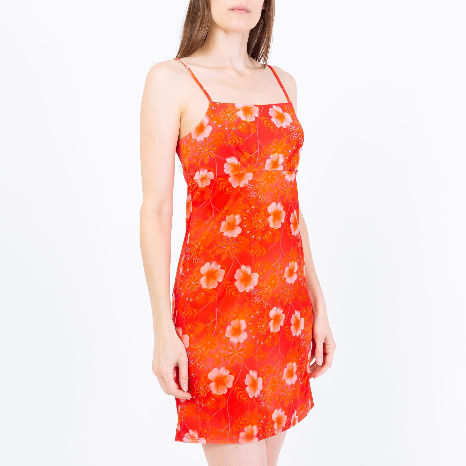 Vintage 90s Orange Floral Mini Sundress - Small | Boho Tie Back Spaghetti Strap Dress