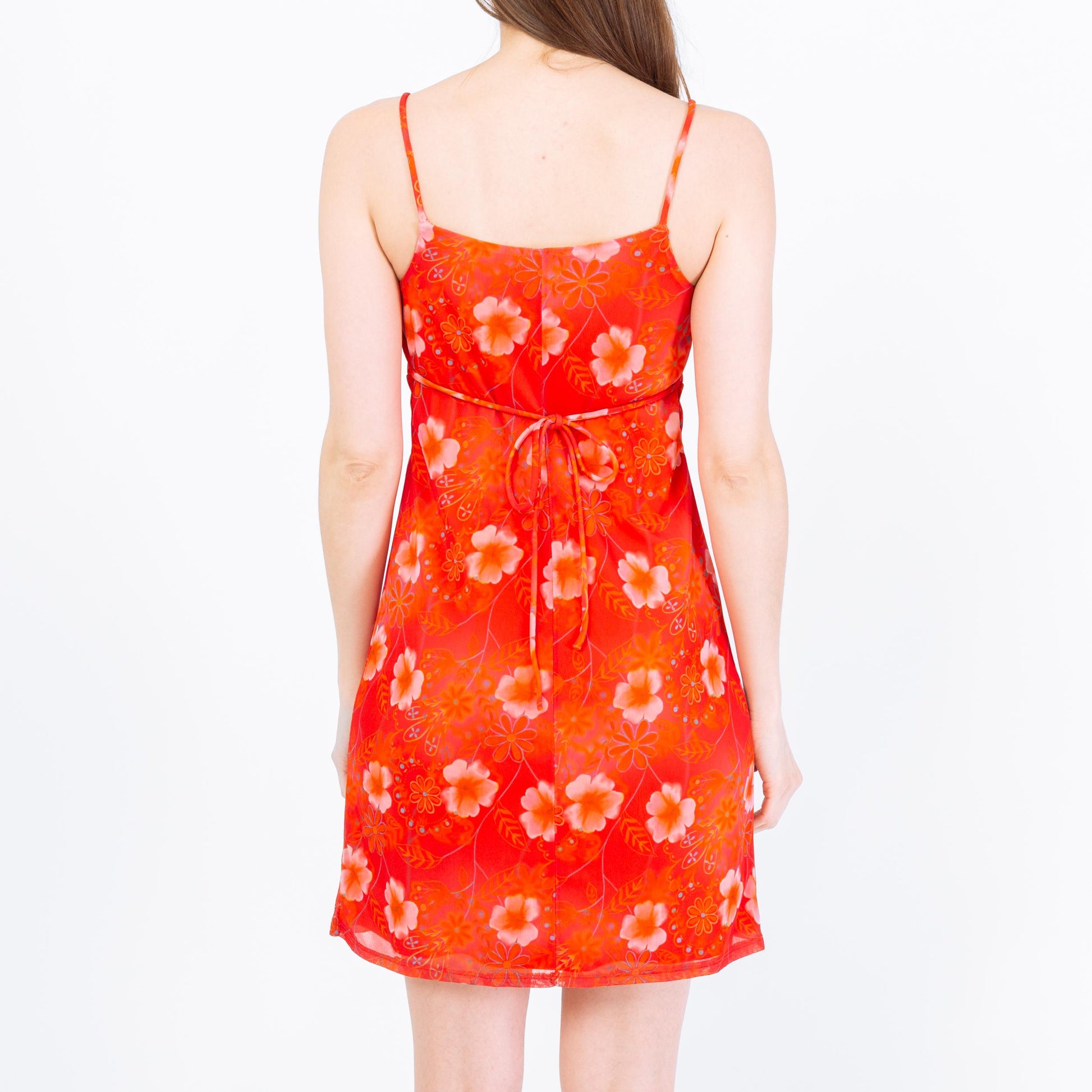 Vintage 90s Orange Floral Mini Sundress - Small | Boho Tie Back Spaghetti Strap Dress