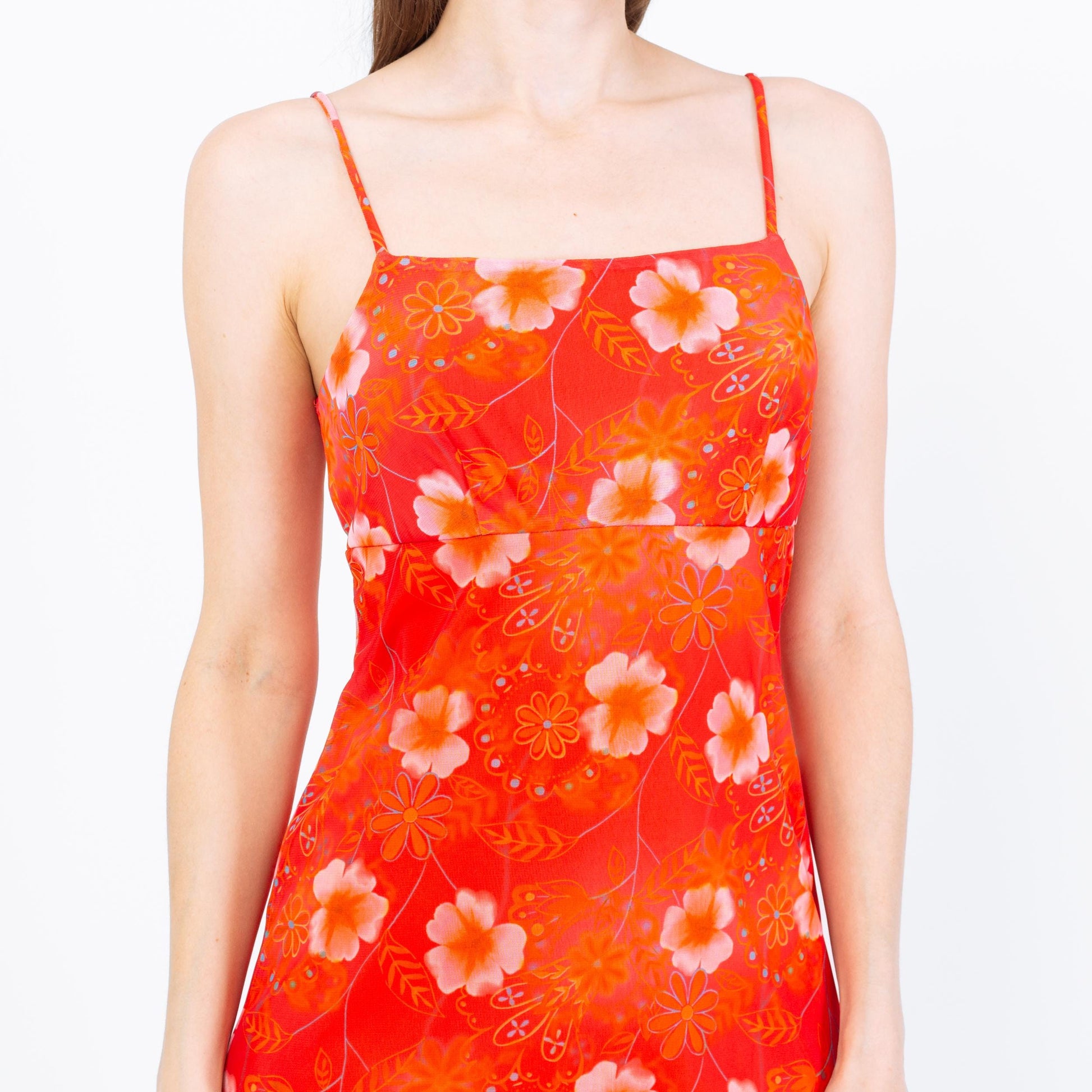 Vintage 90s Orange Floral Mini Sundress - Small | Boho Tie Back Spaghetti Strap Dress