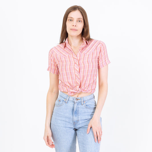 Vintage 70s Levi's Pink Plaid Western Shirt - XXS to XS | Big E Short Sleeve Collared Top