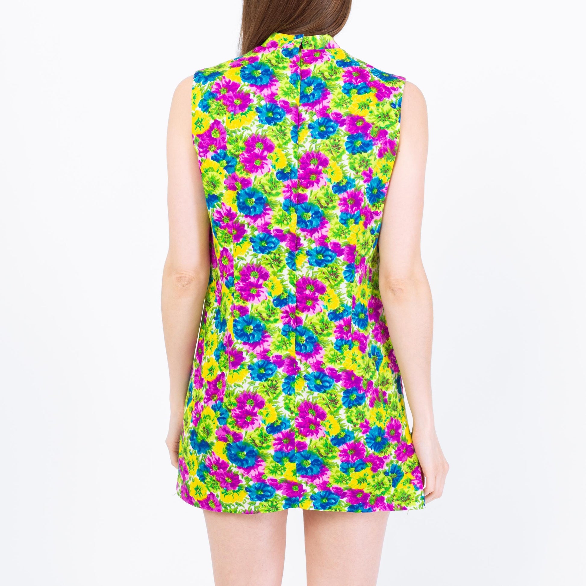 Vintage 60s Hawaiian Floral Mini Shift Dress - Small | Boho Sleeveless Barkcloth Dress