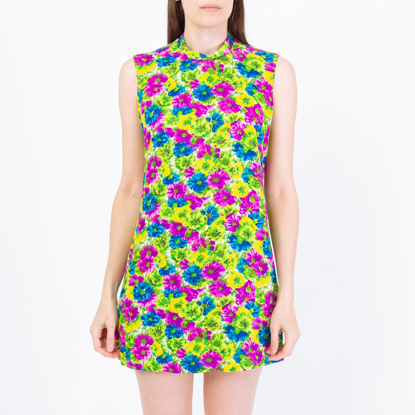 Vintage 60s Hawaiian Floral Mini Shift Dress - Small | Boho Sleeveless Barkcloth Dress