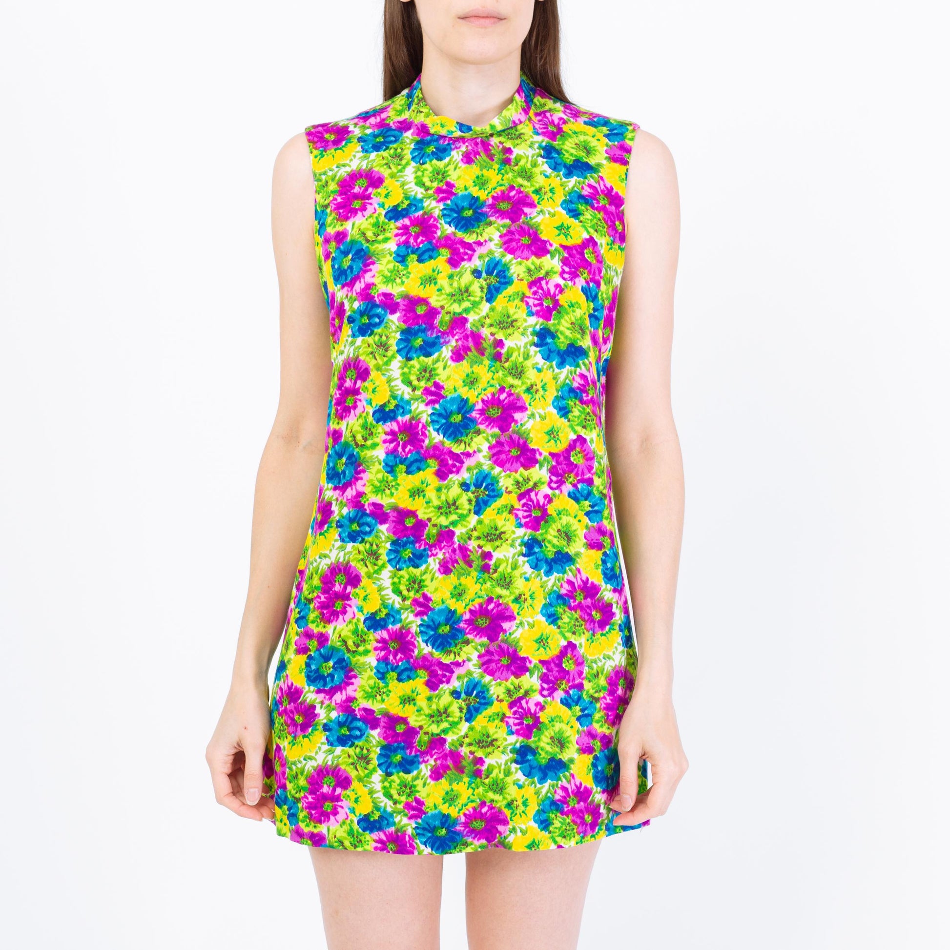 Vintage 60s Hawaiian Floral Mini Shift Dress - Small | Boho Sleeveless Barkcloth Dress