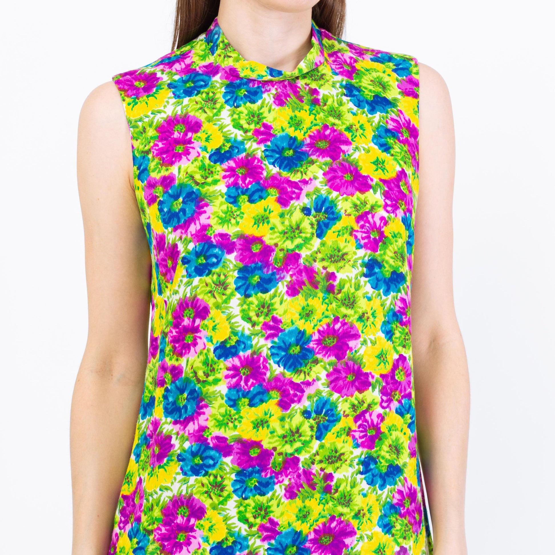 Vintage 60s Hawaiian Floral Mini Shift Dress - Small | Boho Sleeveless Barkcloth Dress