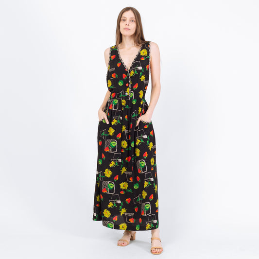 Vintage 90s Novelty Fruit & Floral Print Maxi Dress - Large to XL | Boho Black Pinafore Summer Sundress