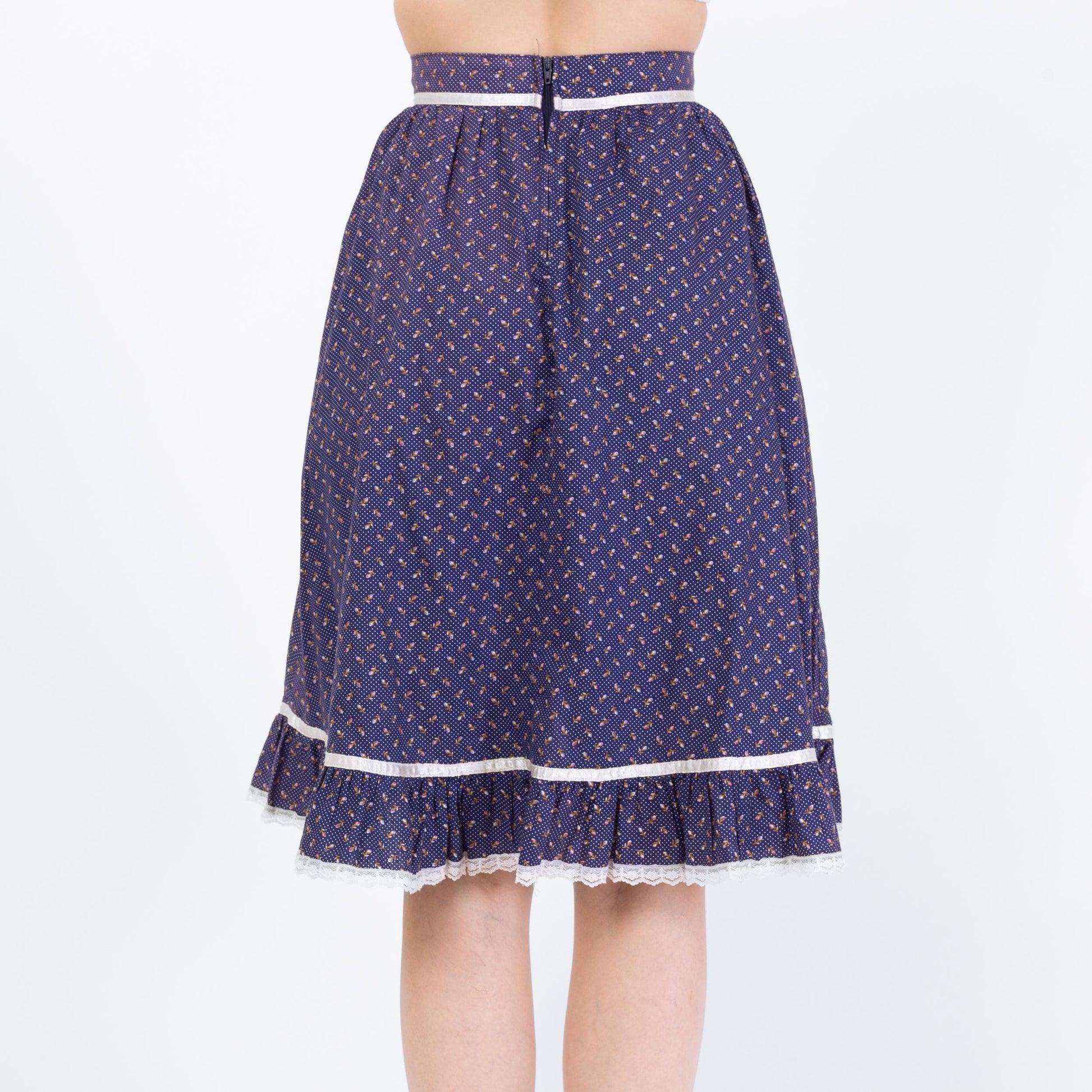 Vintage 70s Gunne Sax Blue Calico Floral Prairie Skirt - Extra Small, 24” Waist | Boho Lace Trim Cottagecore Midi Skirt