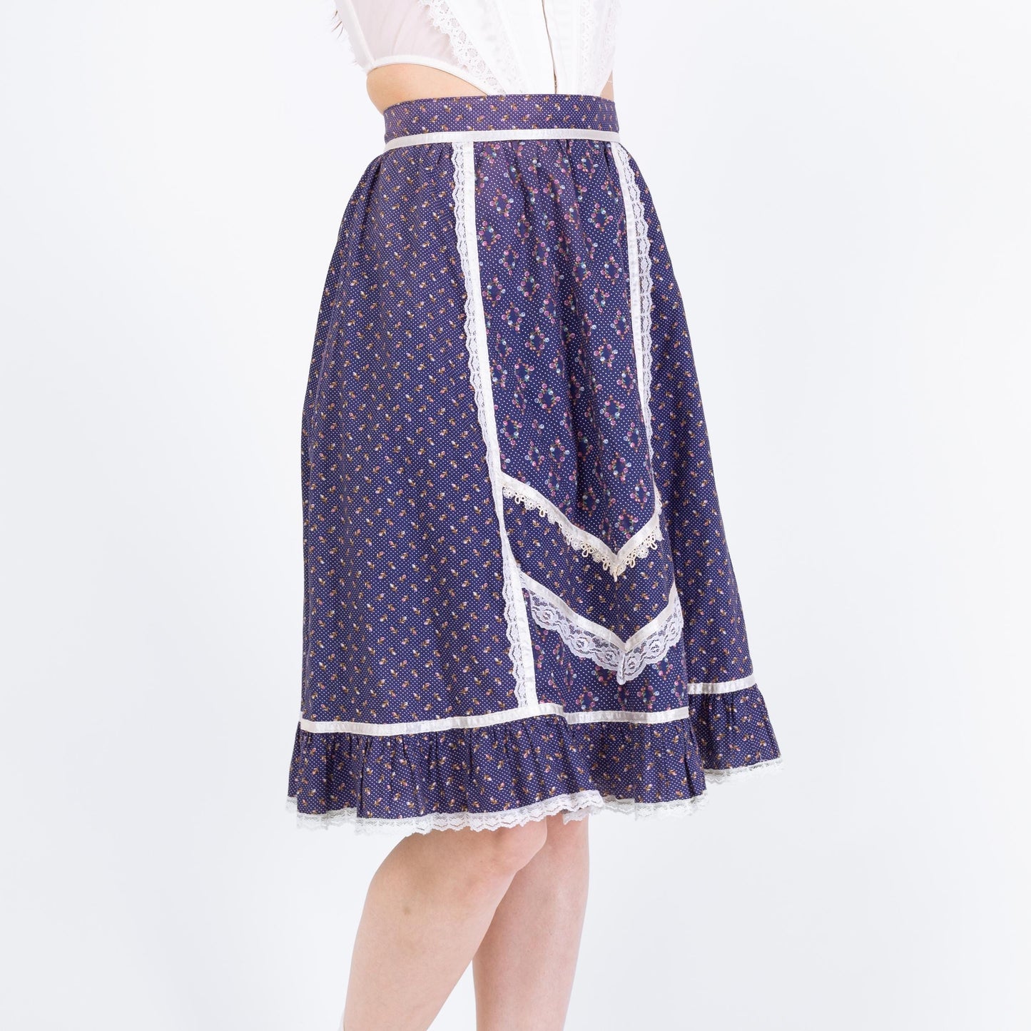 Vintage 70s Gunne Sax Blue Calico Floral Prairie Skirt - Extra Small, 24” Waist | Boho Lace Trim Cottagecore Midi Skirt