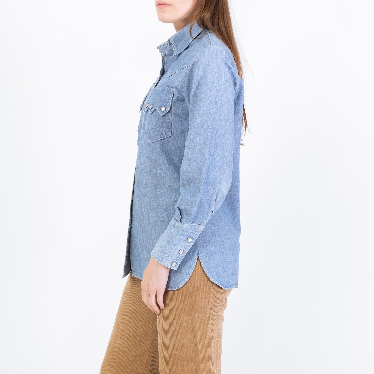 Vintage 70s Lady Wrangler Denim Sawtooth Pocket Western Shirt - Small | Cotton Chambray Pearl Snap Shacket