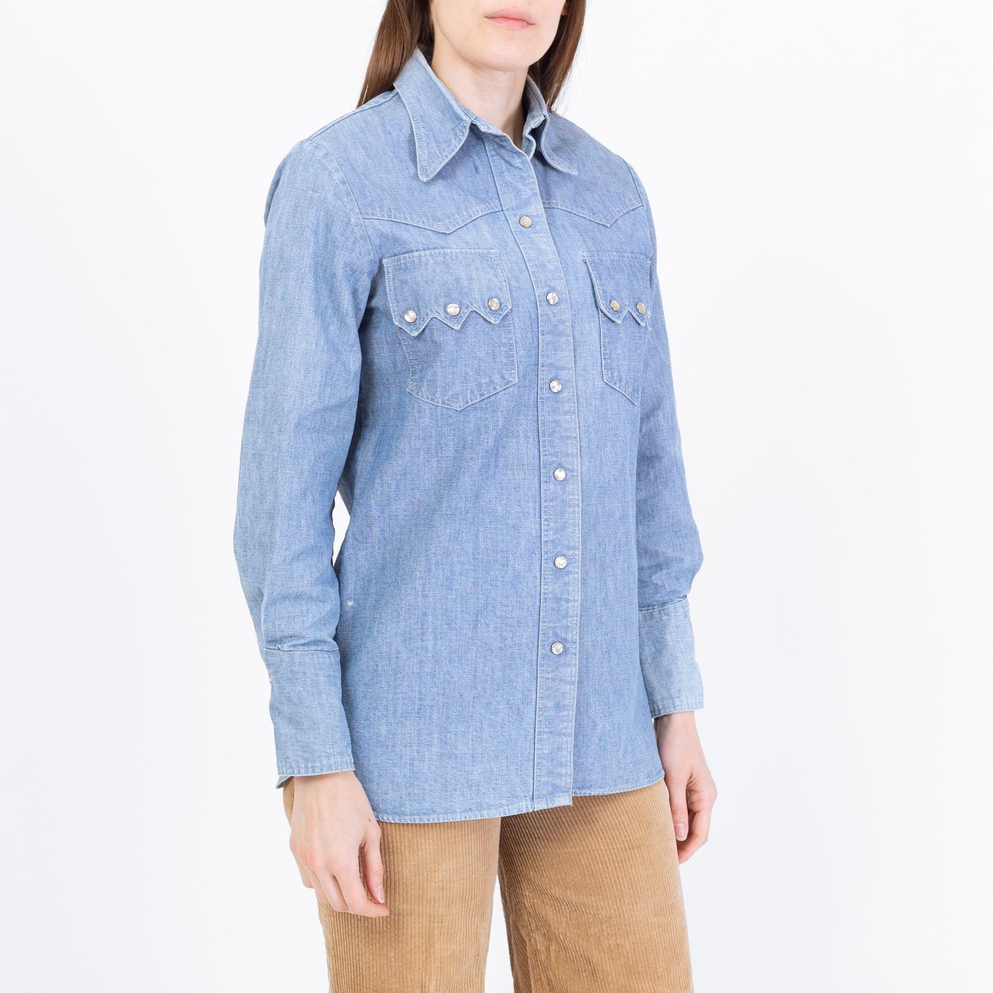 Vintage 70s Lady Wrangler Denim Sawtooth Pocket Western Shirt - Small | Cotton Chambray Pearl Snap Shacket