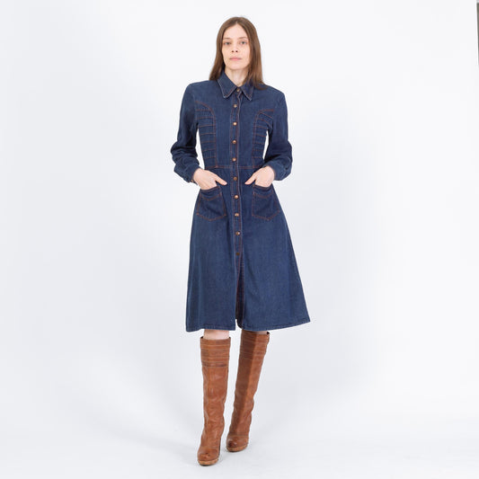 Vintage 70s Western Denim Midi Shirtdress - Medium | Long Sleeve Blue Jean Snap Up Dress