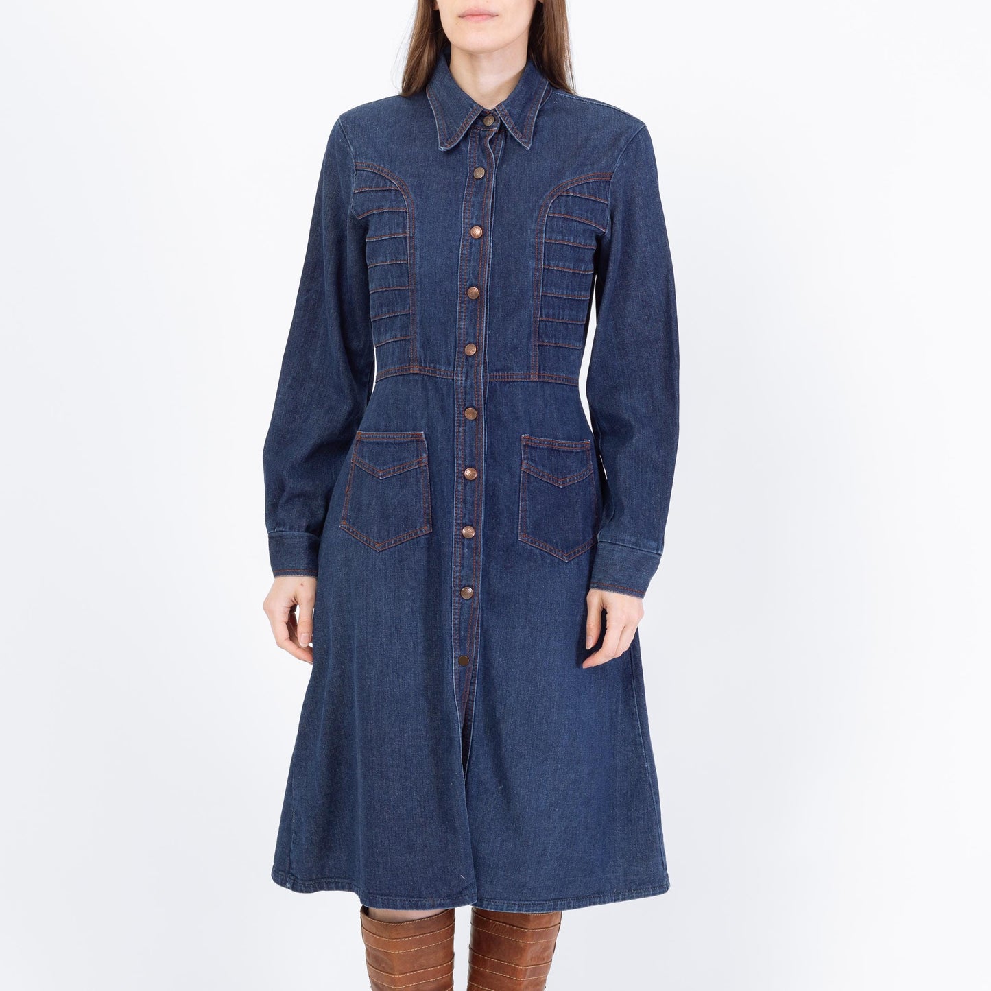 Vintage 70s Western Denim Midi Shirtdress - Medium | Long Sleeve Blue Jean Snap Up Dress