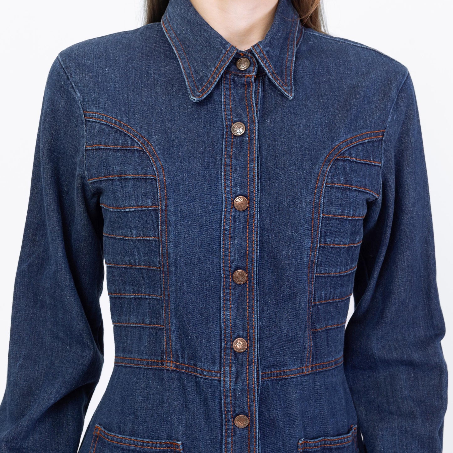 Vintage 70s Western Denim Midi Shirtdress - Medium | Long Sleeve Blue Jean Snap Up Dress