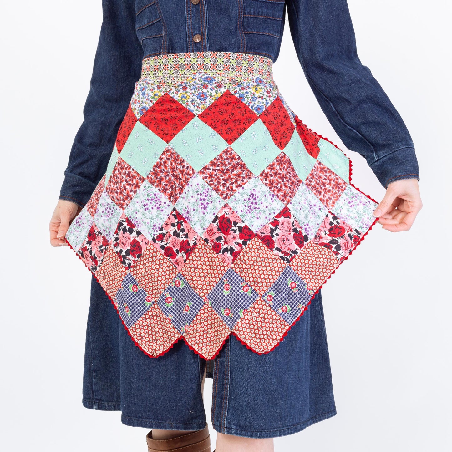 Vintage 40s 50s Patchwork Quilt Apron | Cottagecore Charm Square Half Apron
