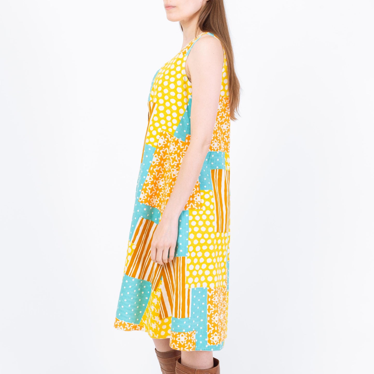 Vintage 60s Boho Patchwork Tent Dress - Small | Sleeveless A Line Midi Pocket Sundress