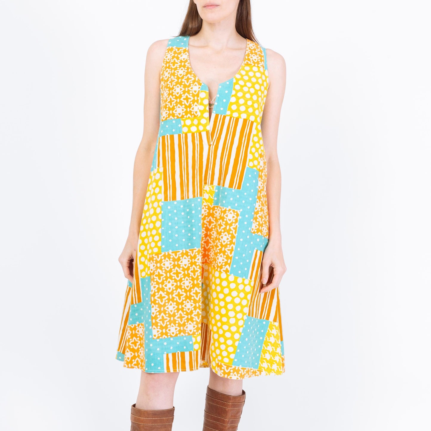 Vintage 60s Boho Patchwork Tent Dress - Small | Sleeveless A Line Midi Pocket Sundress