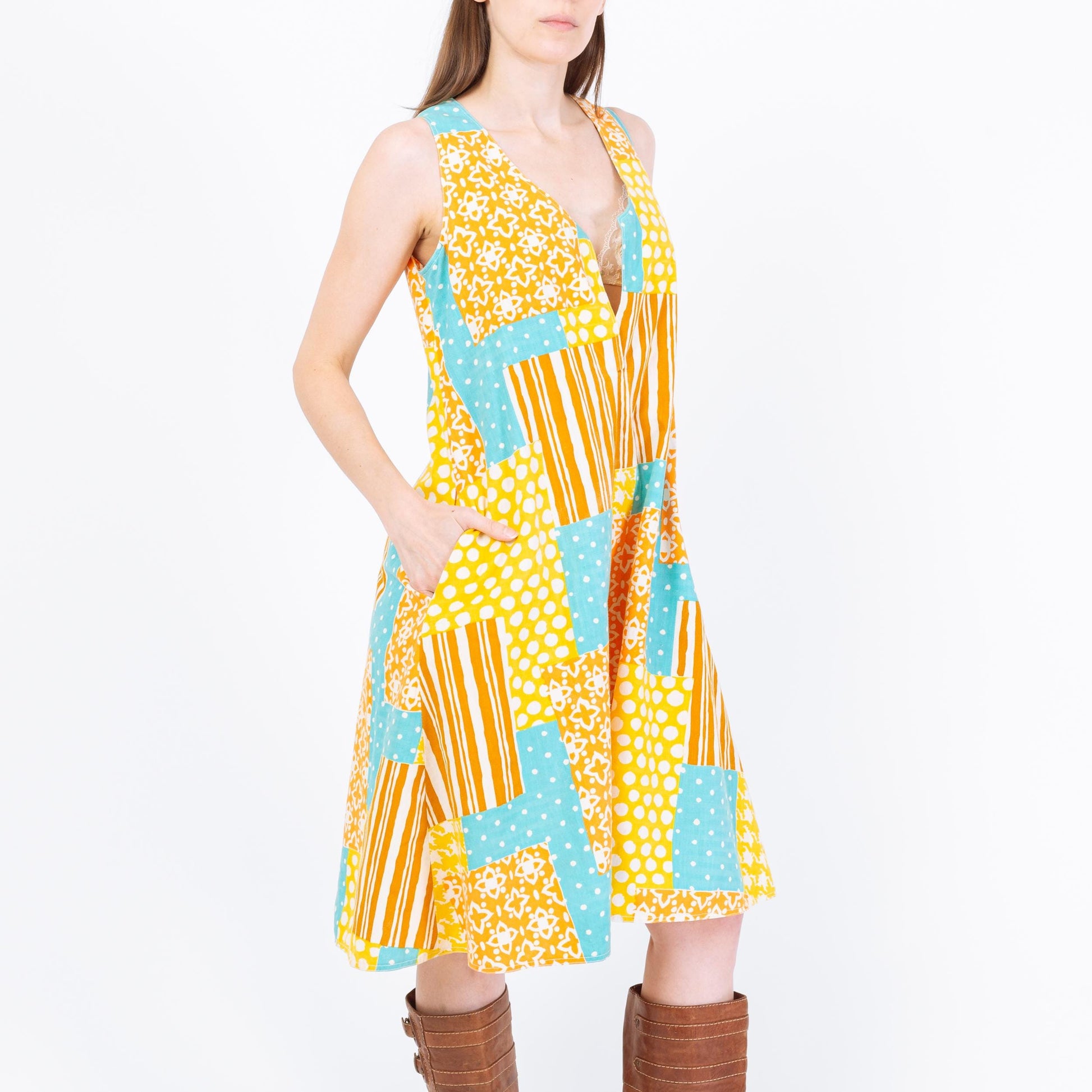 Vintage 60s Boho Patchwork Tent Dress - Small | Sleeveless A Line Midi Pocket Sundress