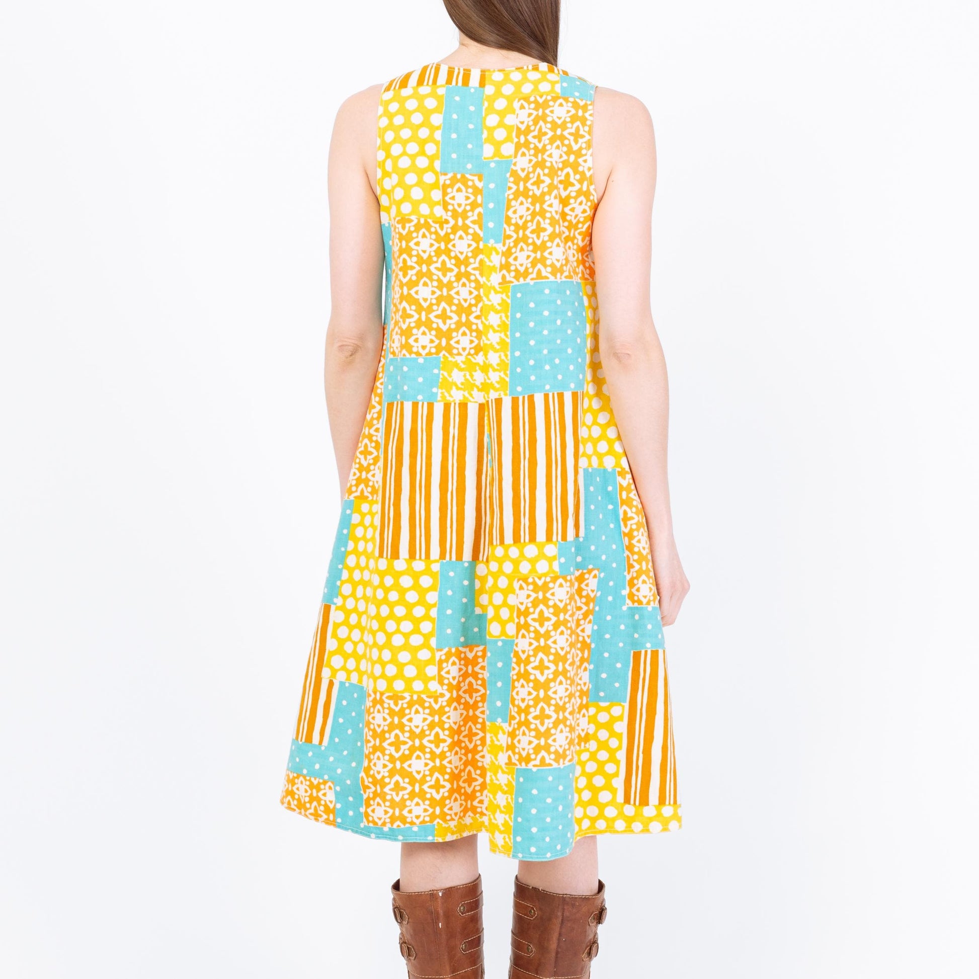 Vintage 60s Boho Patchwork Tent Dress - Small | Sleeveless A Line Midi Pocket Sundress