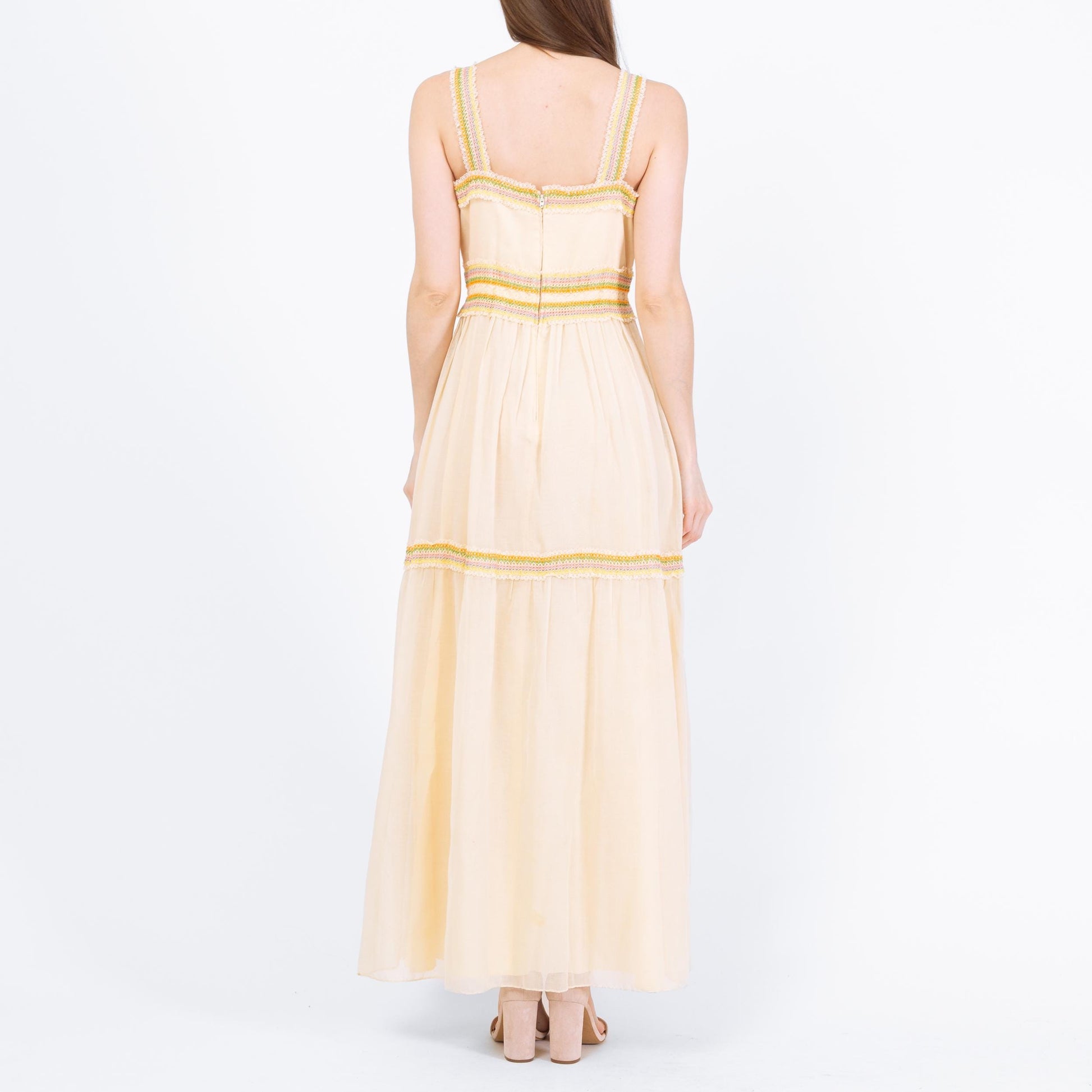 Vintage 70s Boho Cream Pastel Embroidered Maxi Dress - Small to Medium | Cottagecore Tiered Prairie Gown