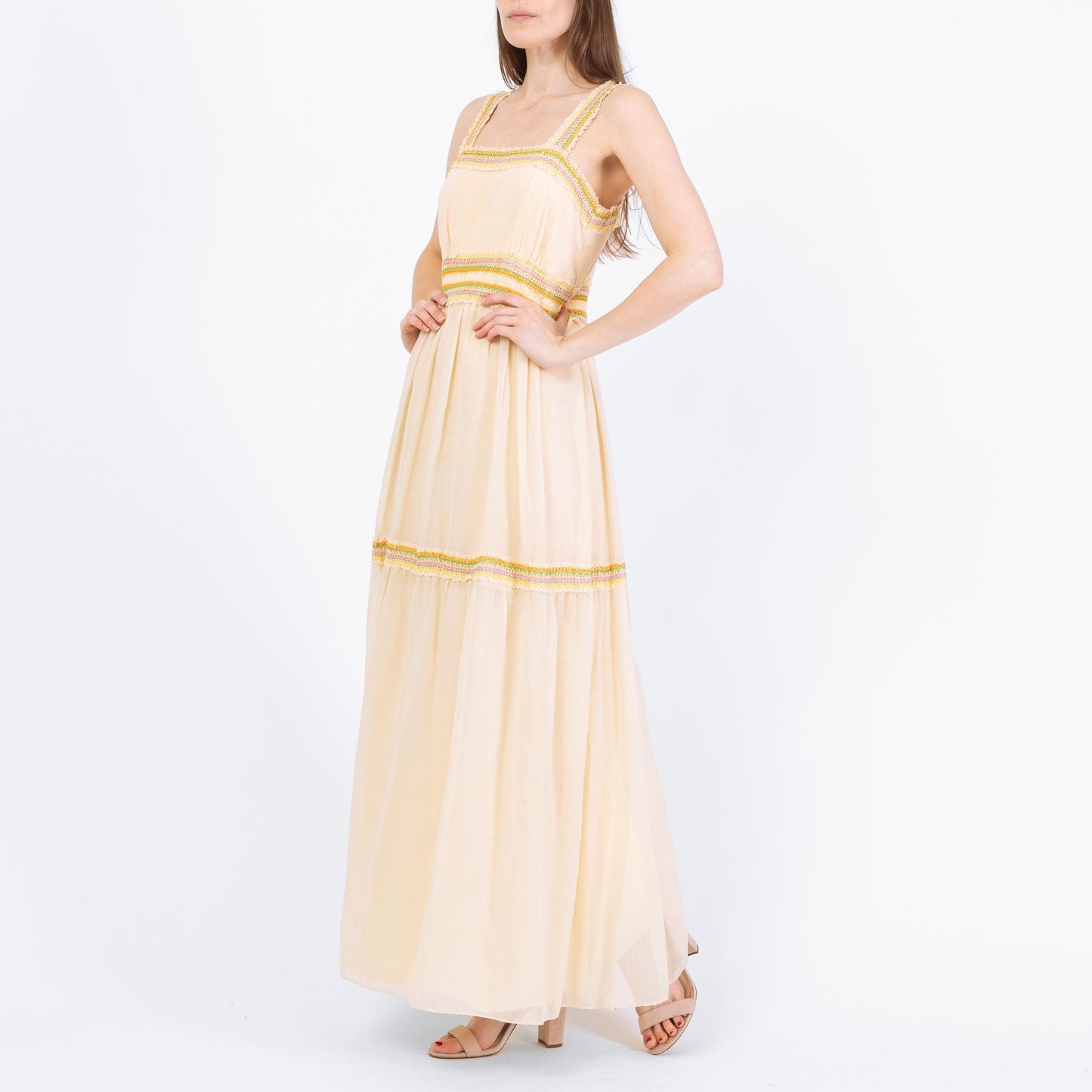 Vintage 70s Boho Cream Pastel Embroidered Maxi Dress - Small to Medium | Cottagecore Tiered Prairie Gown