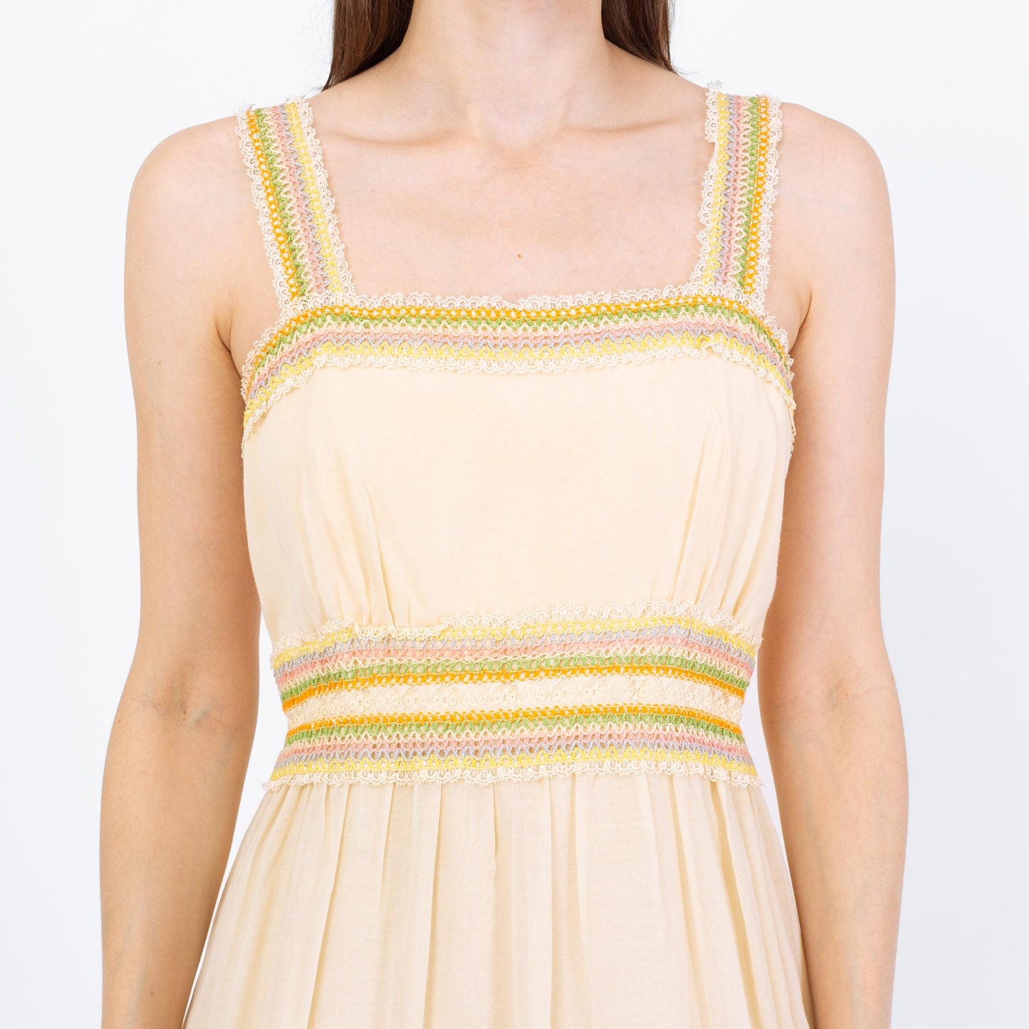 Vintage 70s Boho Cream Pastel Embroidered Maxi Dress - Small to Medium | Cottagecore Tiered Prairie Gown