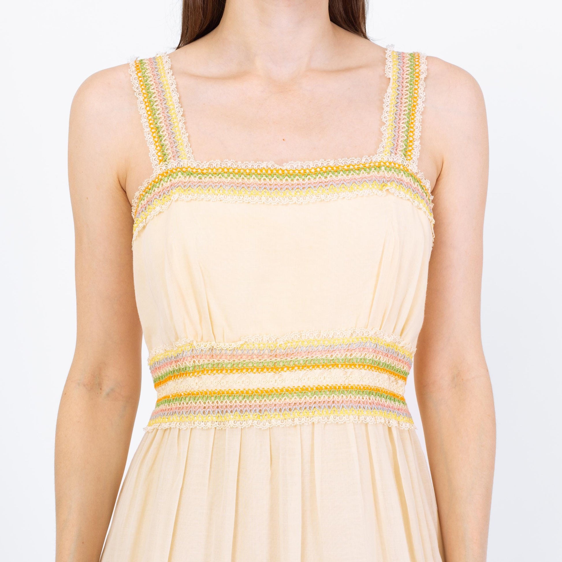 Vintage 70s Boho Cream Pastel Embroidered Maxi Dress - Small to Medium | Cottagecore Tiered Prairie Gown