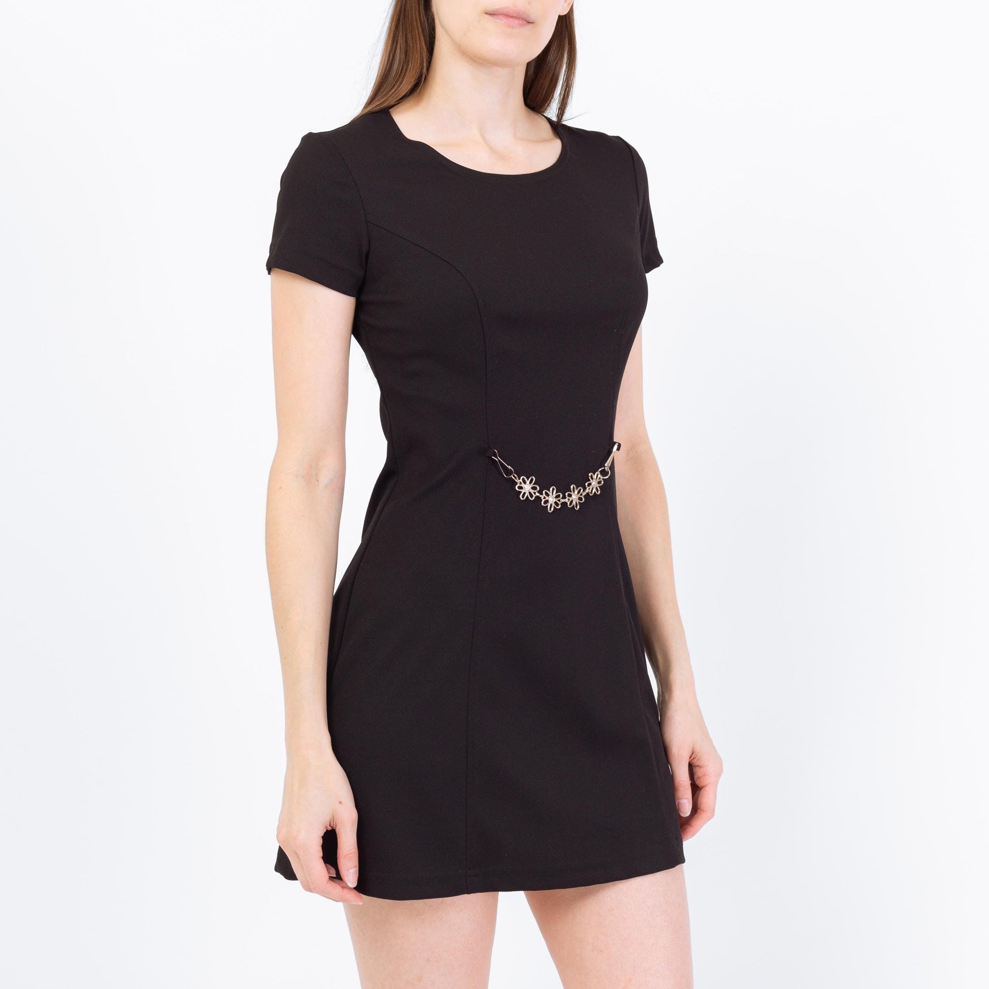 Vintage 90s Black Flower Chain Belt Mini Dress - Small | Short Sleeve A Line Grunge Dress