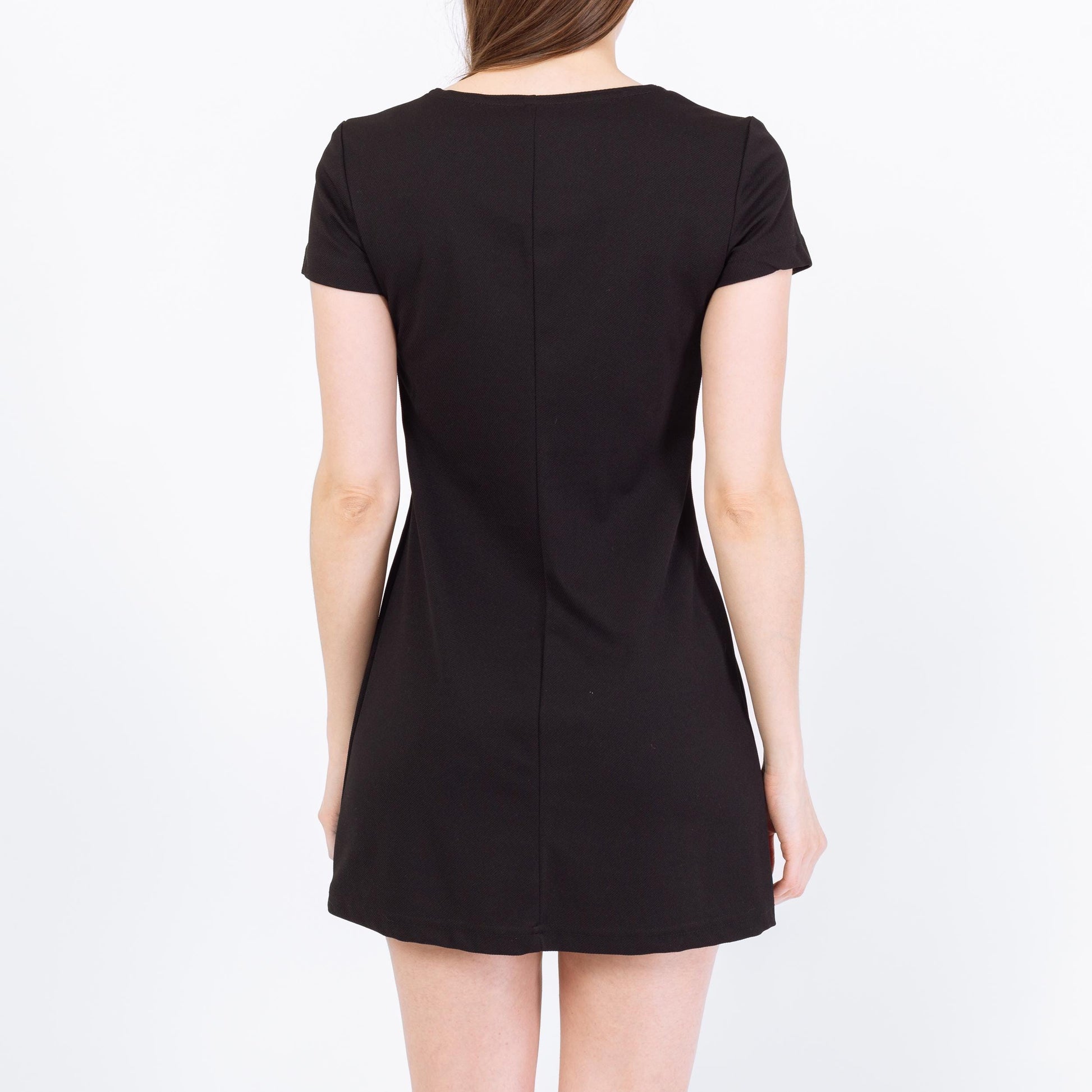 Vintage 90s Black Flower Chain Belt Mini Dress - Small | Short Sleeve A Line Grunge Dress
