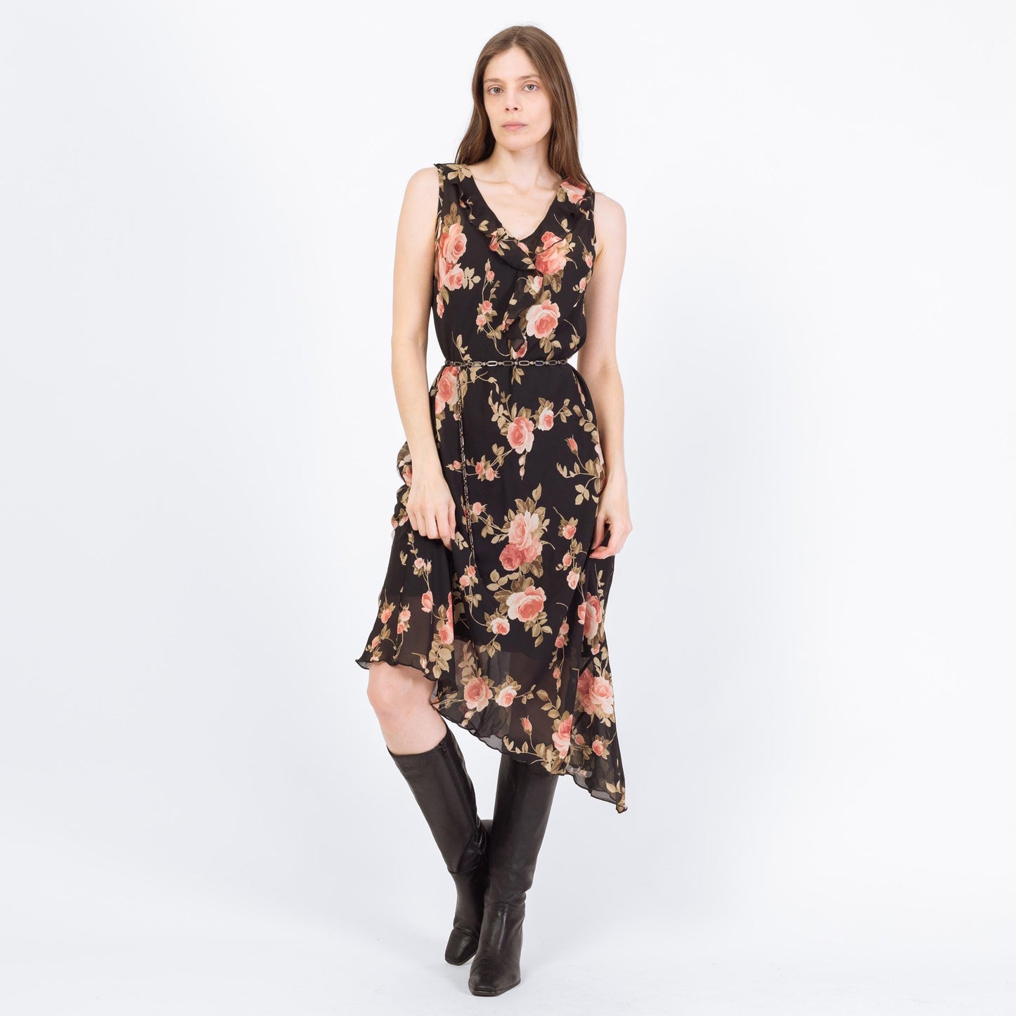 Vintage 90s Sheer Black Floral Asymmetrical Midi Dress - Small | Boho High Low Hem Ruffle Sundress