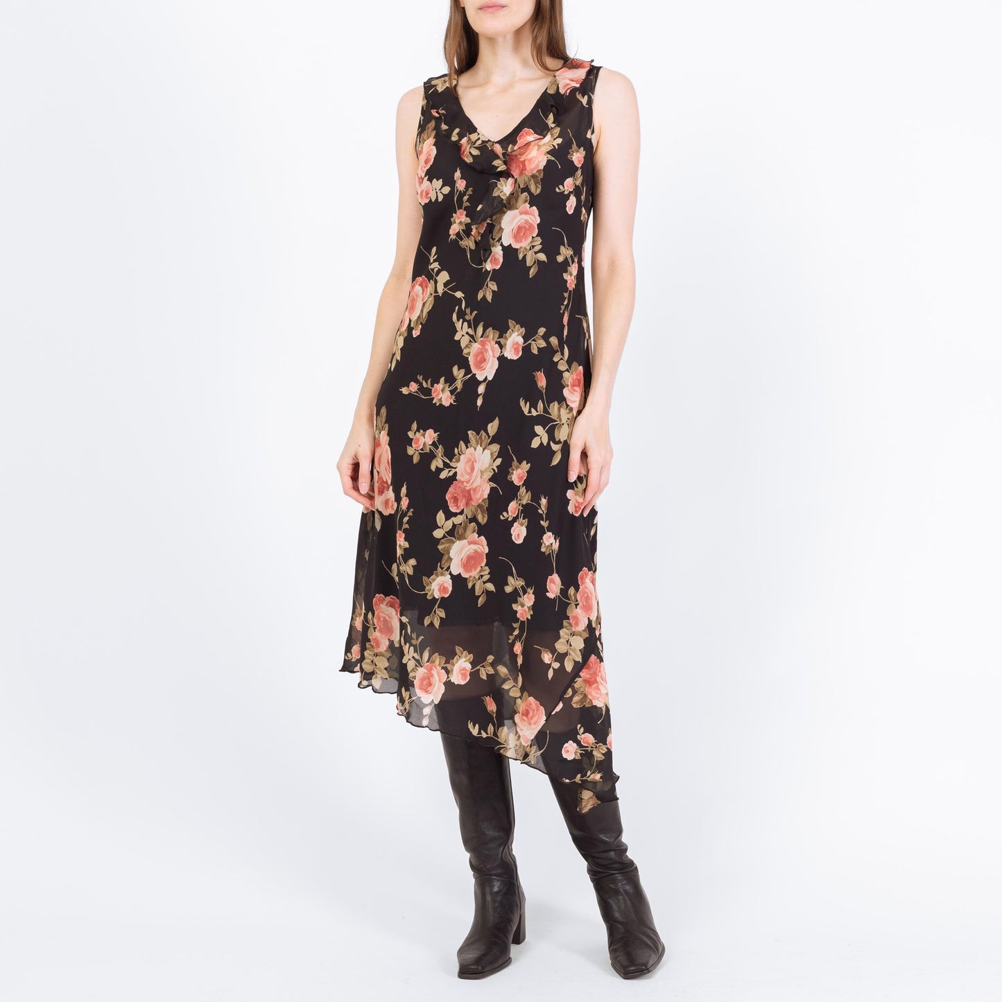 Vintage 90s Sheer Black Floral Asymmetrical Midi Dress - Small | Boho High Low Hem Ruffle Sundress
