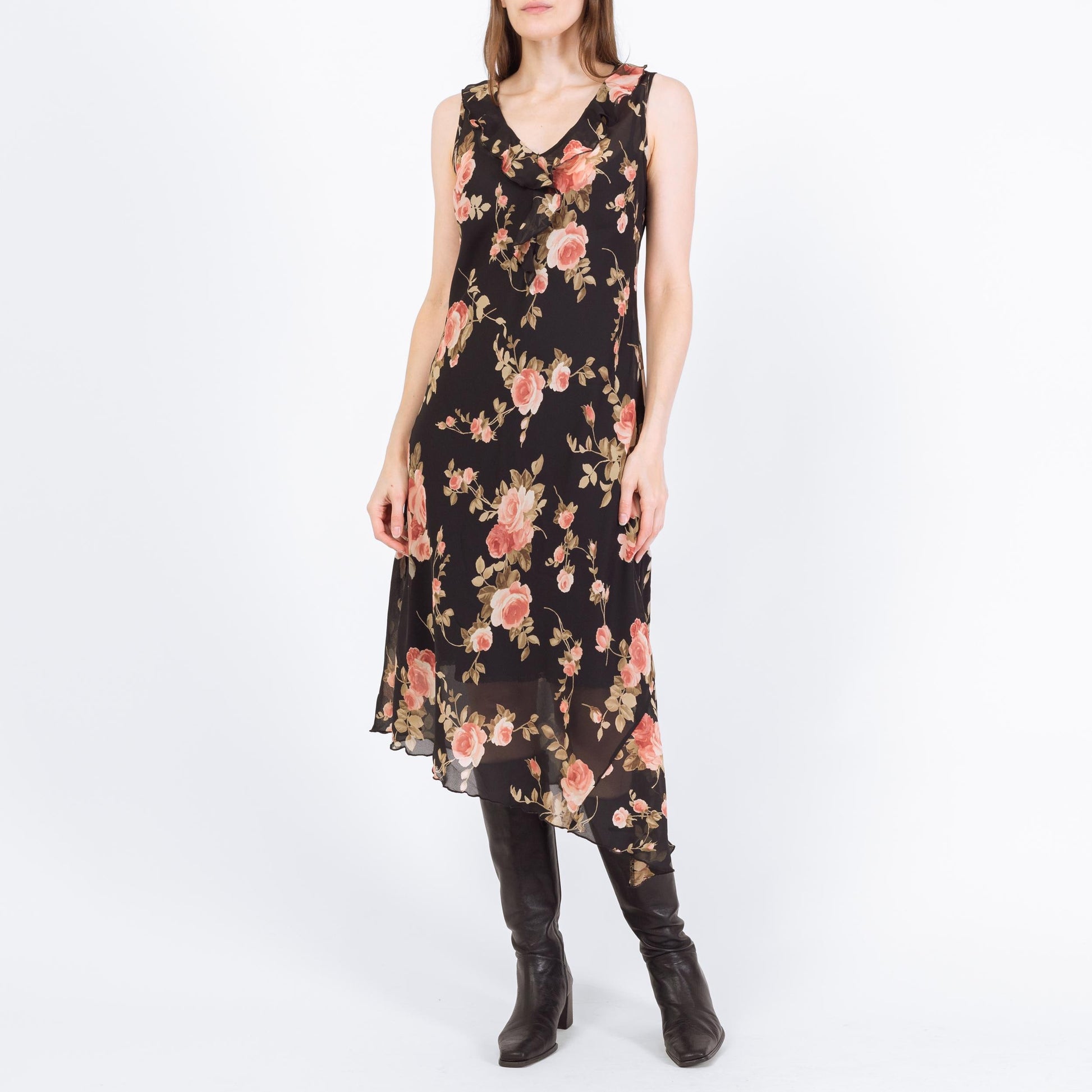 Vintage 90s Sheer Black Floral Asymmetrical Midi Dress - Small | Boho High Low Hem Ruffle Sundress