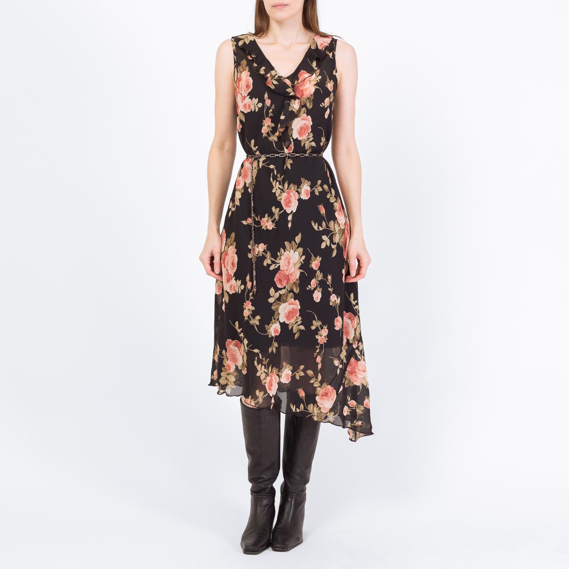 Vintage 90s Sheer Black Floral Asymmetrical Midi Dress - Small | Boho High Low Hem Ruffle Sundress